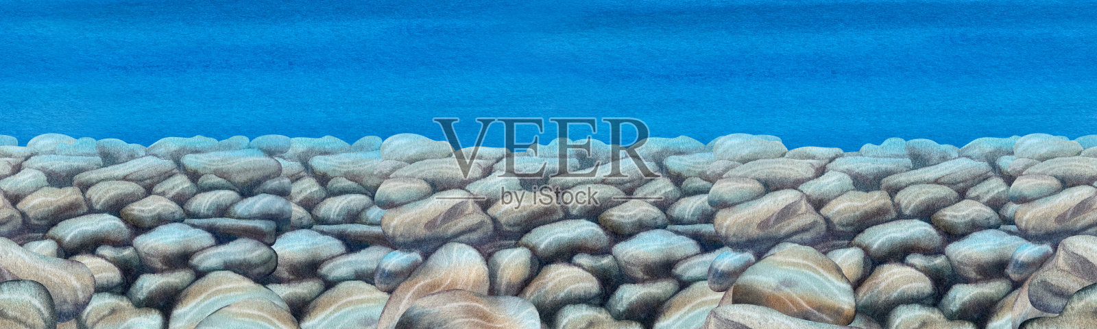 水下岩石呈棕灰色调，质感柔和，位于渐变蓝色海洋之下。手绘水彩模板，适用于无尽的无缝边框、图案、海景、背景、海洋设计和风景。插画图片素材