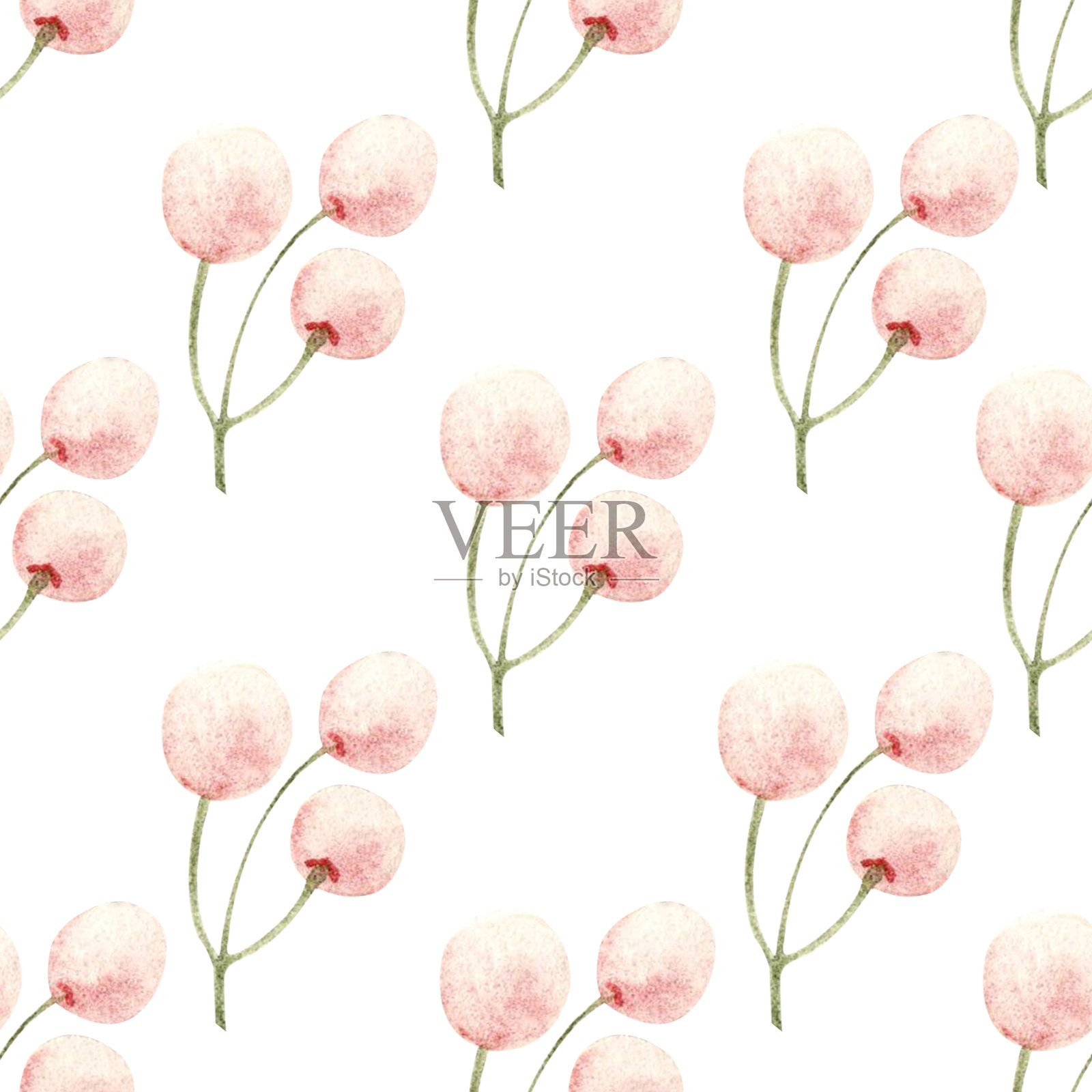 白色背景上的粉色浆果与绿色茎的无缝水彩图案。插画图片素材