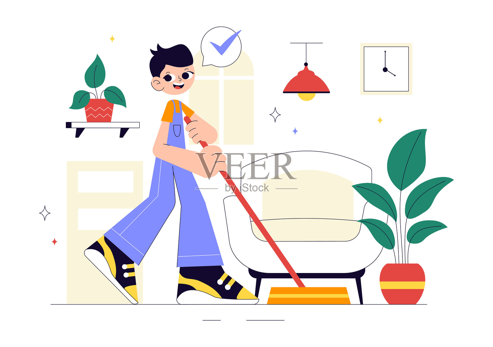 家庭清洁服务矢量插图，展示了清洁工在平面风格背景下扫地、拖地、擦玻璃等工作。插画图片素材