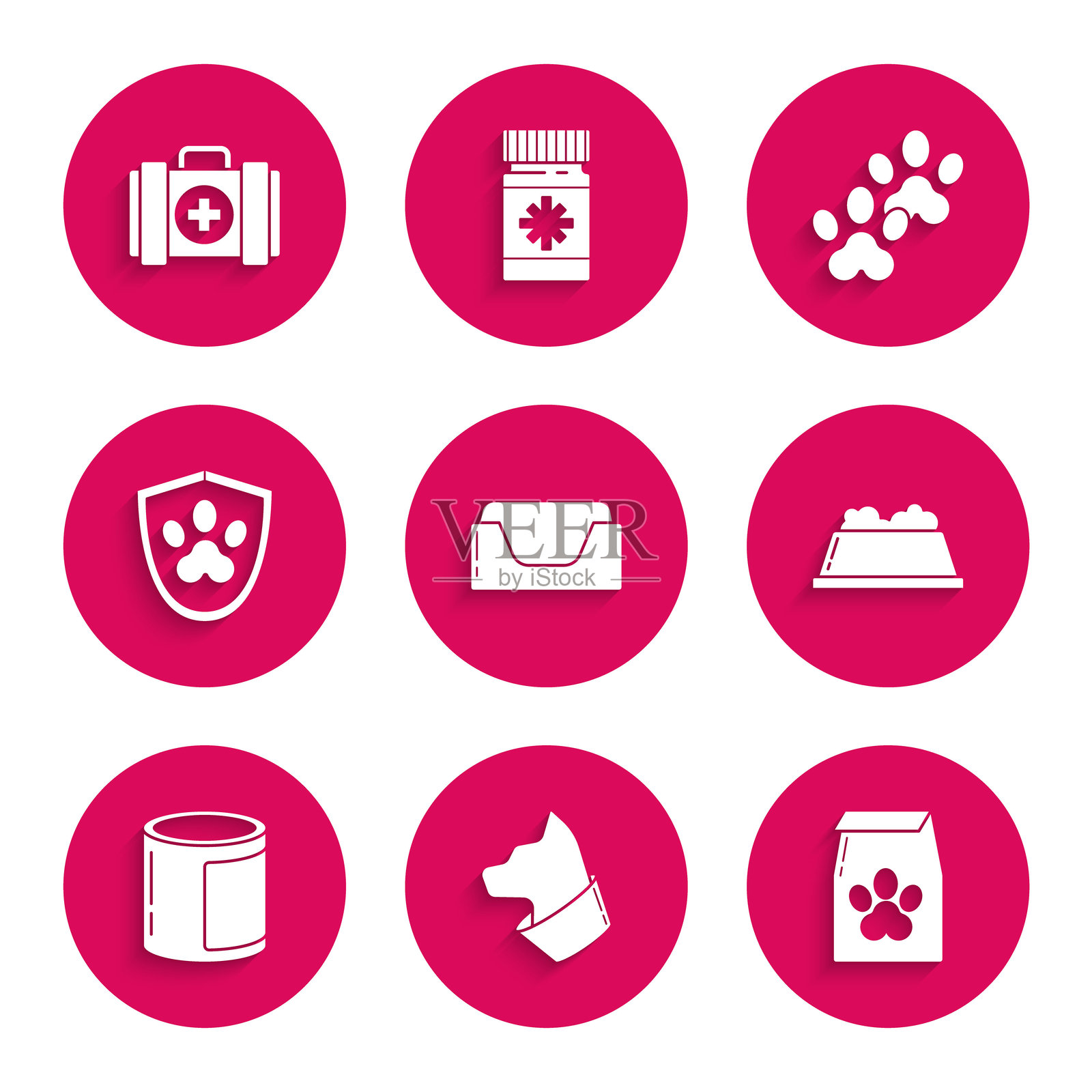 宠物床、猫、宠物食品袋、碗、罐头、动物健康保险、爪印和急救包图标。矢量图。插画图片素材