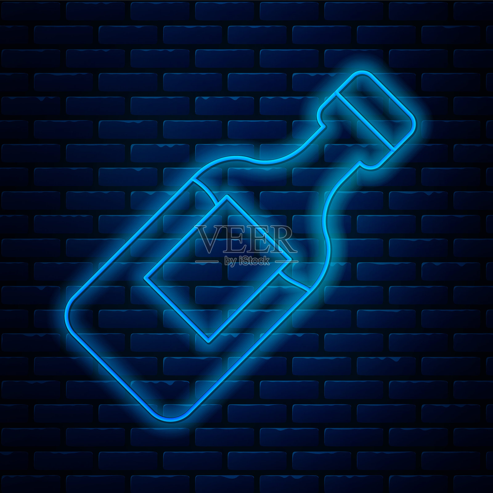 Glowing neon line Bottle of water icon isolated on brick wall background. Soda aqua drink sign. Vector插画图片素材