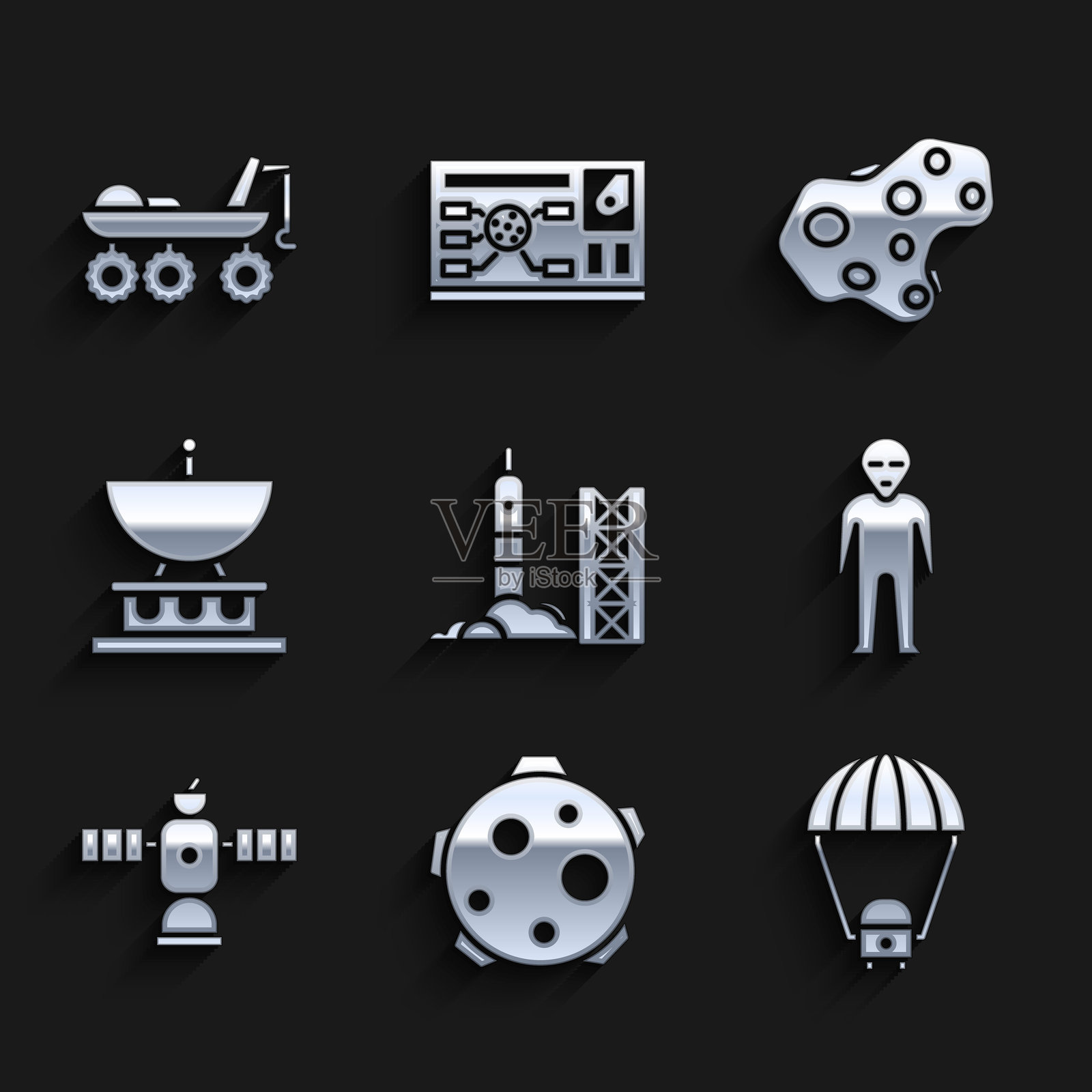 火箭发射，太空港，行星，太空舱和降落伞，外星人，卫星，天线，小行星和火星探测器图标。矢量图。插画图片素材