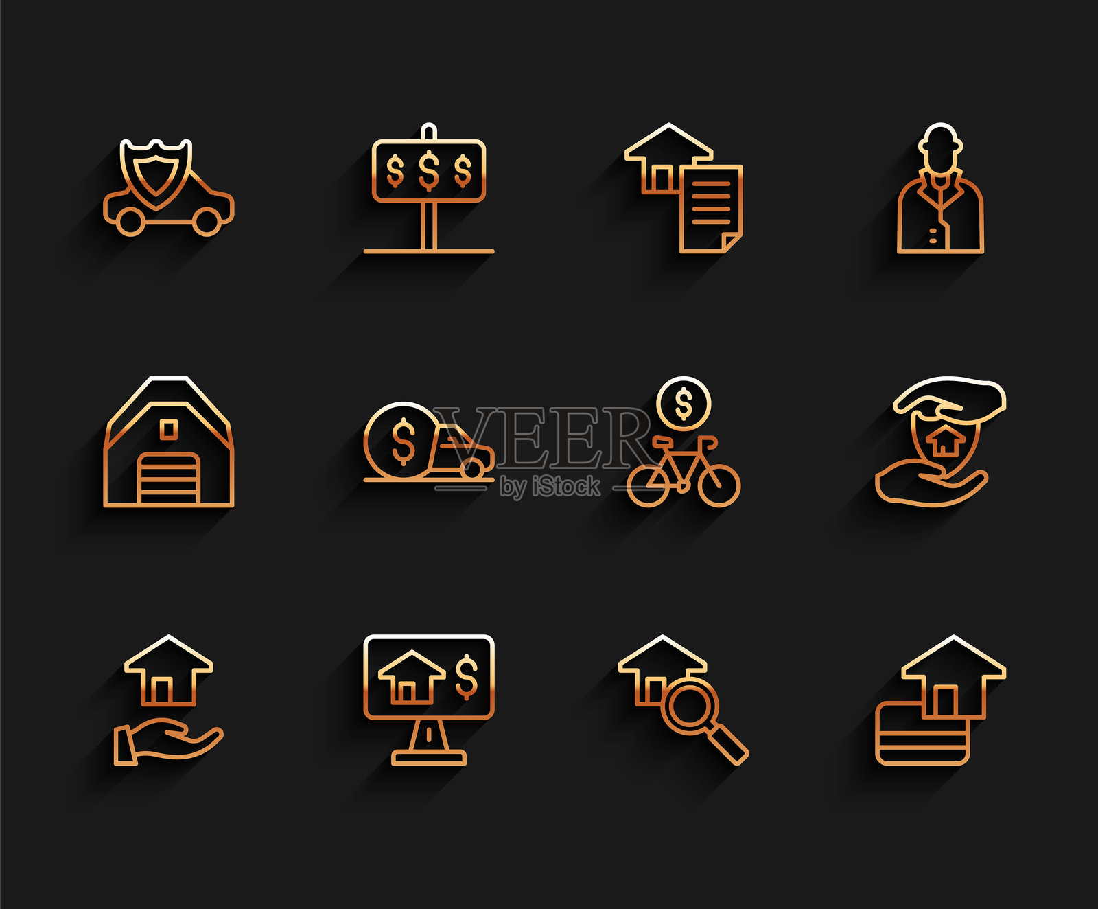 房地产经纪人图标，在线房地产，带护盾的汽车，搜索房屋，信用卡，租赁，房屋和自行车移动应用图标。矢量图。插画图片素材