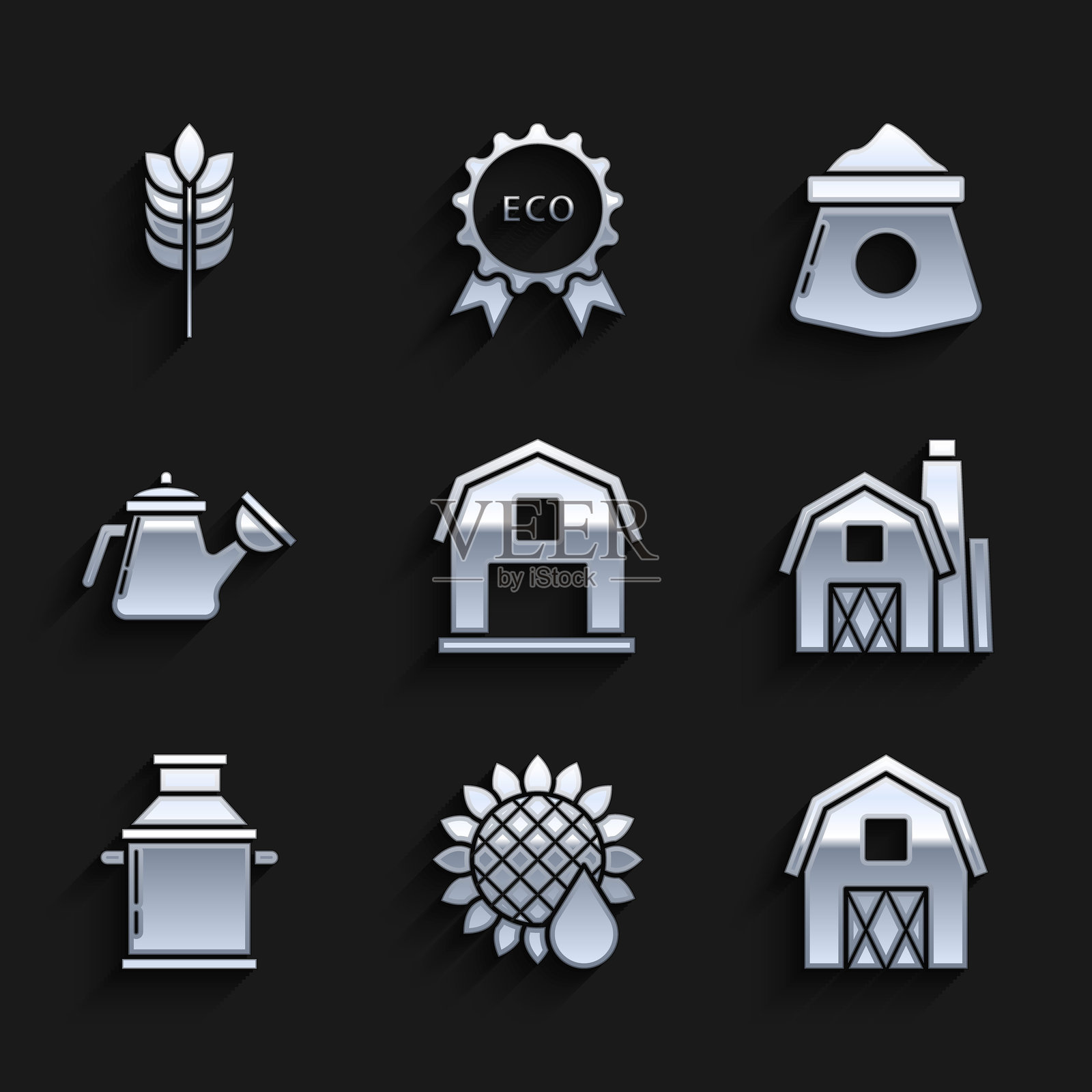 农舍概念，向日葵，牛奶罐，浇水壶，面粉袋和包含大米、小麦、玉米、燕麦、黑麦图标。矢量图。插画图片素材