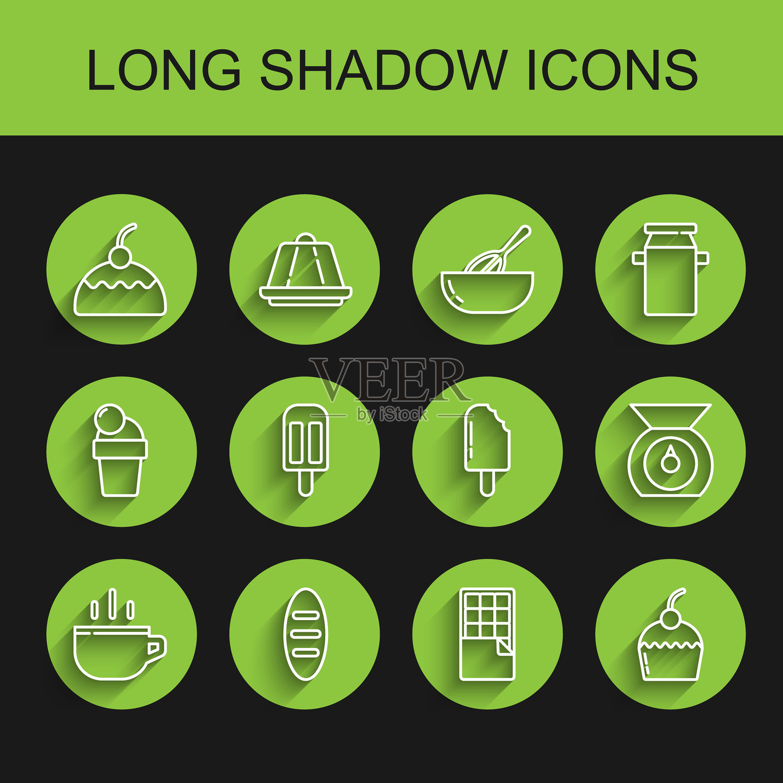 咖啡杯、面包、蛋糕、巧克力棒、冰淇淋、天平和图标的线条插图。插画图片素材