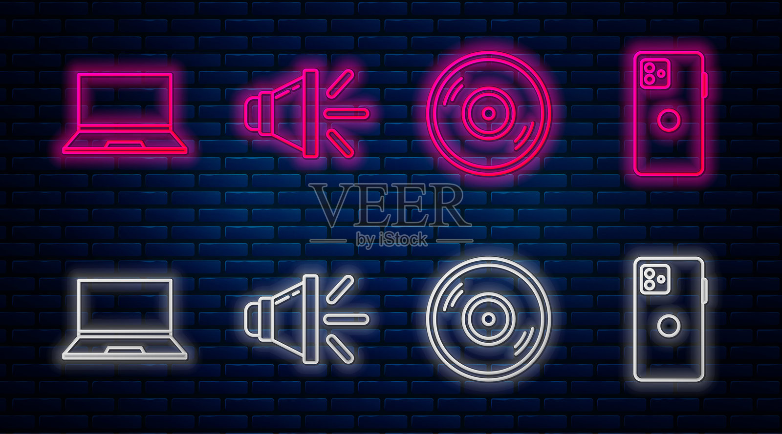 设置音量，黑胶唱片，笔记本电脑和智能手机，移动电话。砖墙上的发光霓虹图标。矢量图。插画图片素材