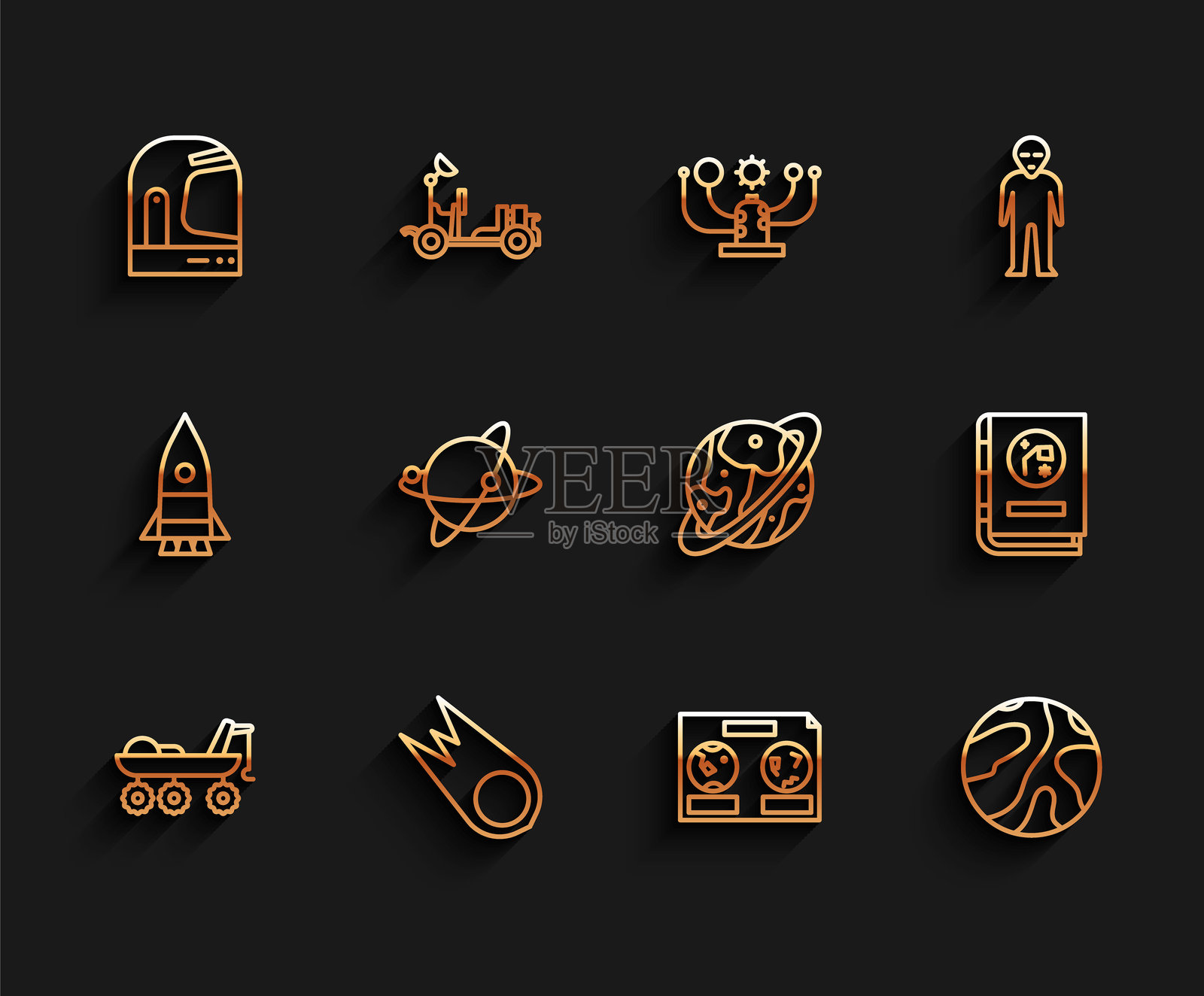 火星探测器，宇航员头盔，夜空天体图，流星，绕地球轨道的卫星，天文学书籍，太空舱和降落伞图标。矢量图。插画图片素材