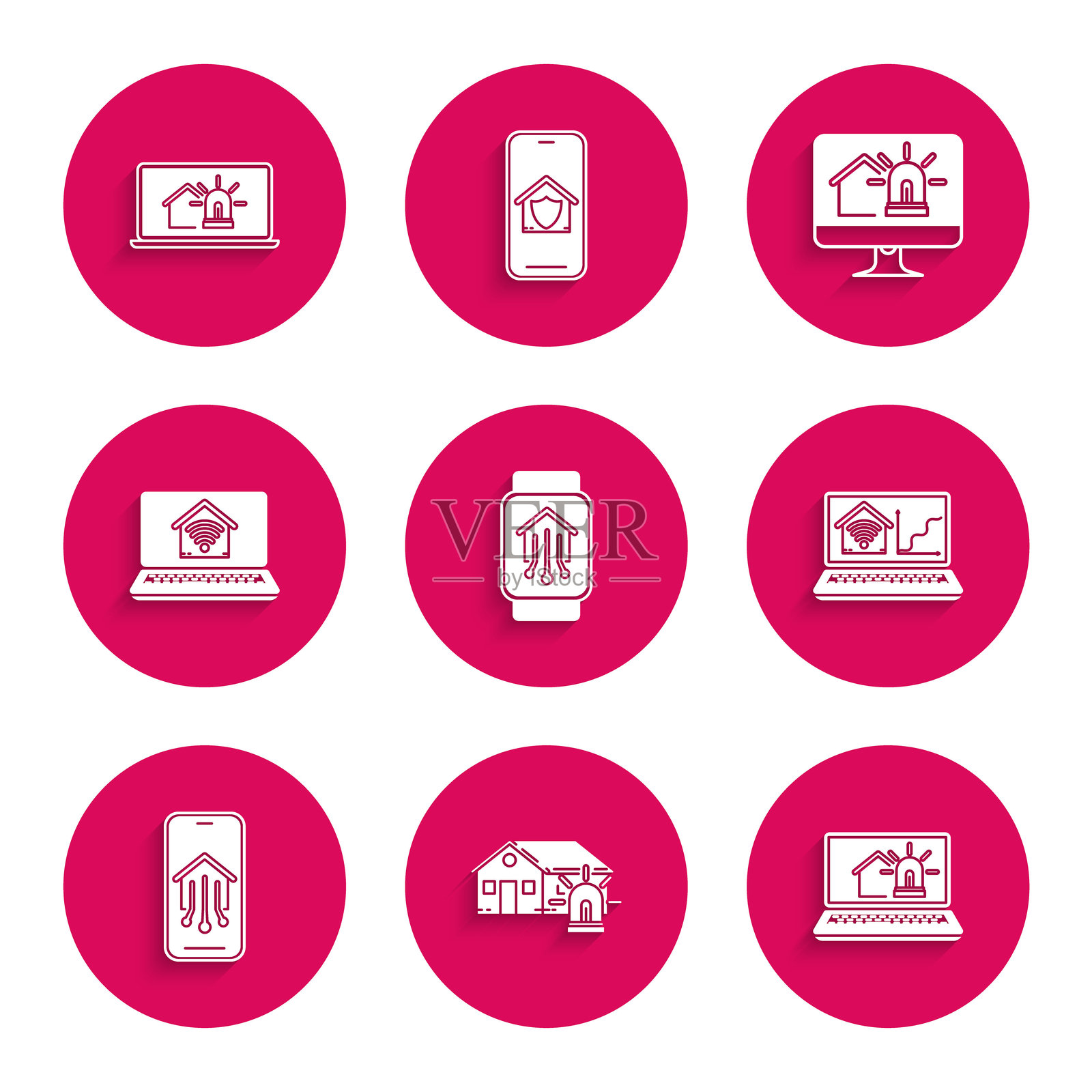 智能家居与智能手表、房屋和警报、笔记本电脑、Wi-Fi、手机、电脑显示器及图标。矢量图。插画图片素材