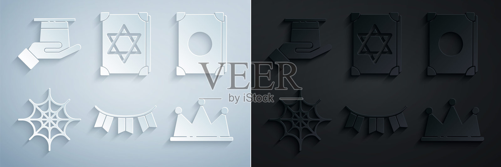 节日花环与旗帜、古老魔法书、蜘蛛网、王冠和手持魔术师帽的图标。矢量图。插画图片素材