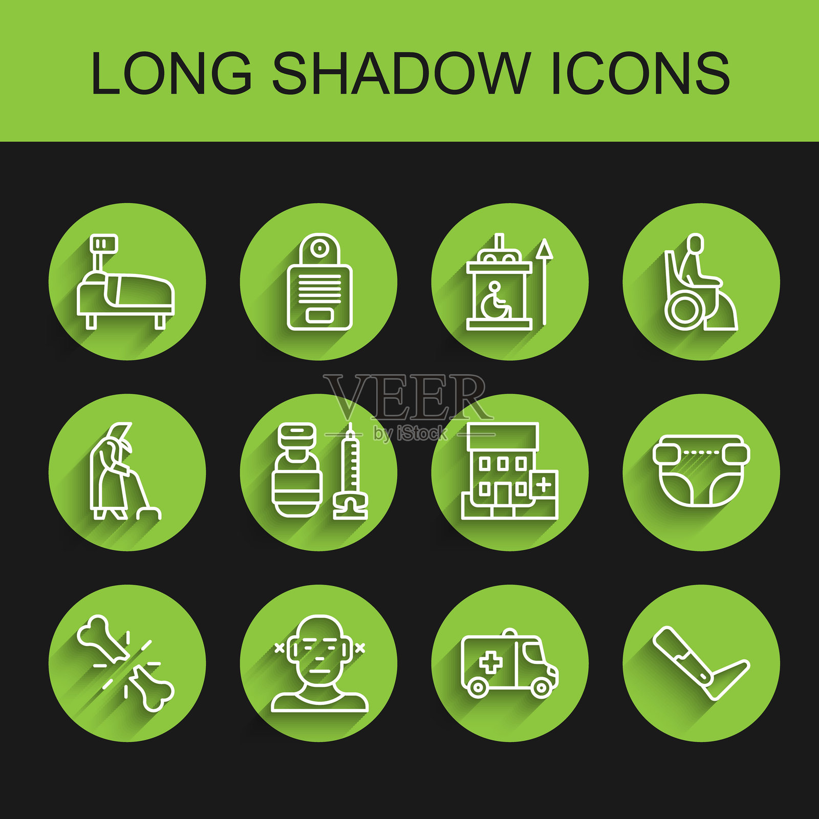 人类骨折线条图，聋人，医院病床，急救车，义肢，注射器，成人尿布和医疗医院建筑图标。矢量图。插画图片素材