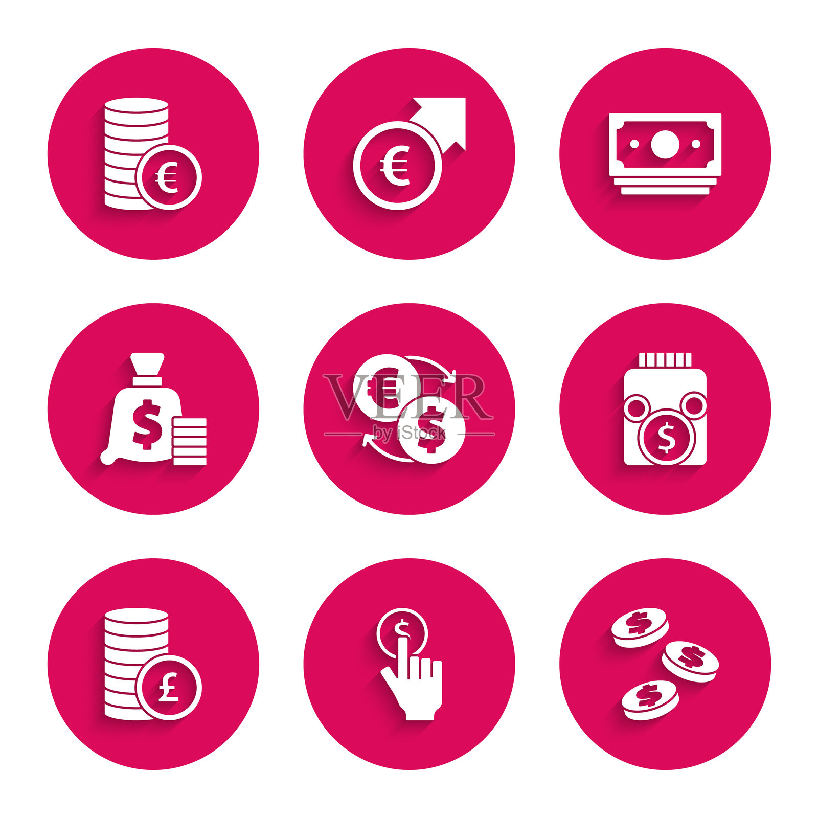 货币兑换，手握硬币，带美元的硬币，玻璃罐，英镑，袋子，纸币堆和欧元符号图标。矢量图。插画图片素材