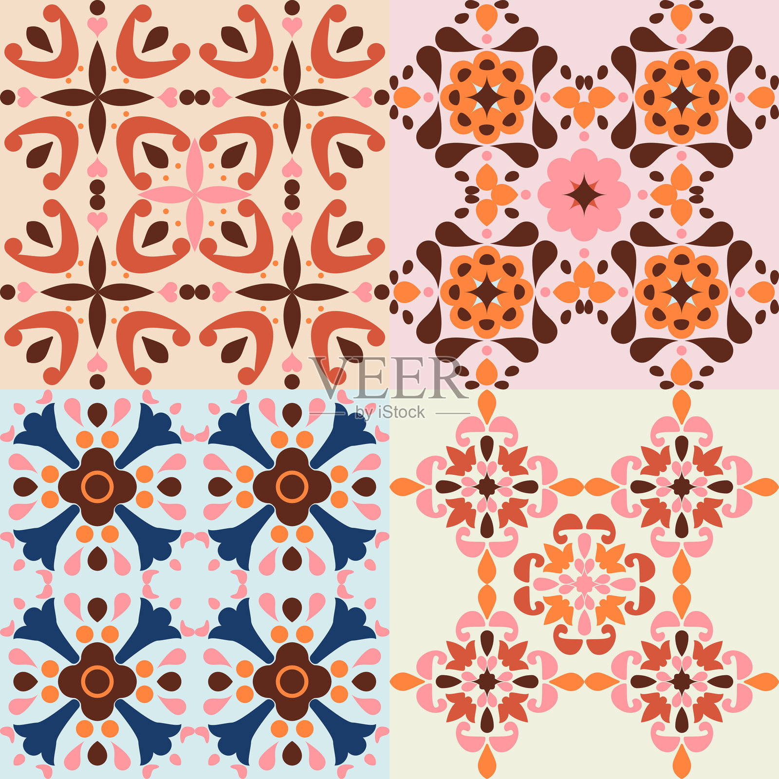 一套无缝的彩色复古地砖集合。传统的地中海陶瓷设计。复古风格。非常适合用作墙纸、地砖、厨房背板或强烈的纺织图案。插画图片素材