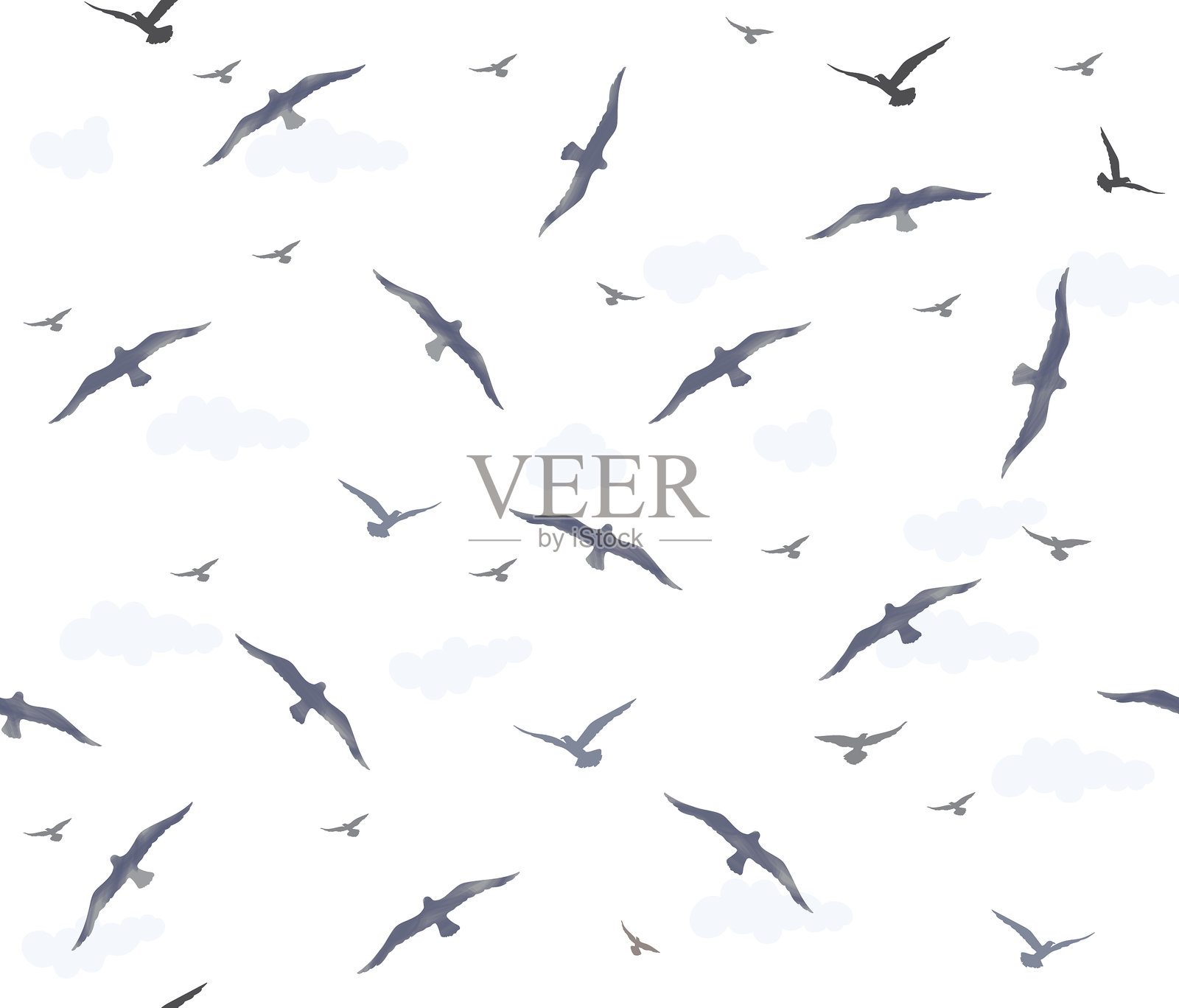 无缝图案，鸟儿在天空中飞翔，云朵漂浮在海浪上。自然海景装饰性线条绘制背景插画图片素材