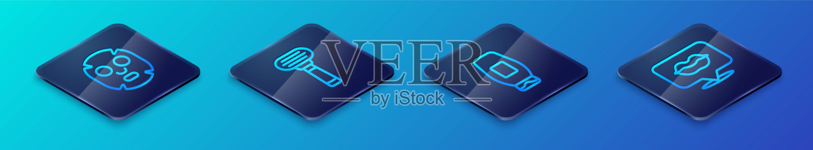 等距线条洗发水瓶、面部美容面膜、微笑的嘴唇和剃须刀图标。矢量图。插画图片素材