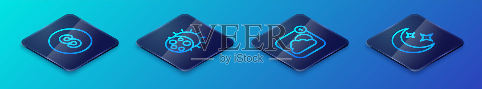 等距线风天气预报应用图标，指南针南方，月亮与星星，日食图标。矢量图。插画图片素材