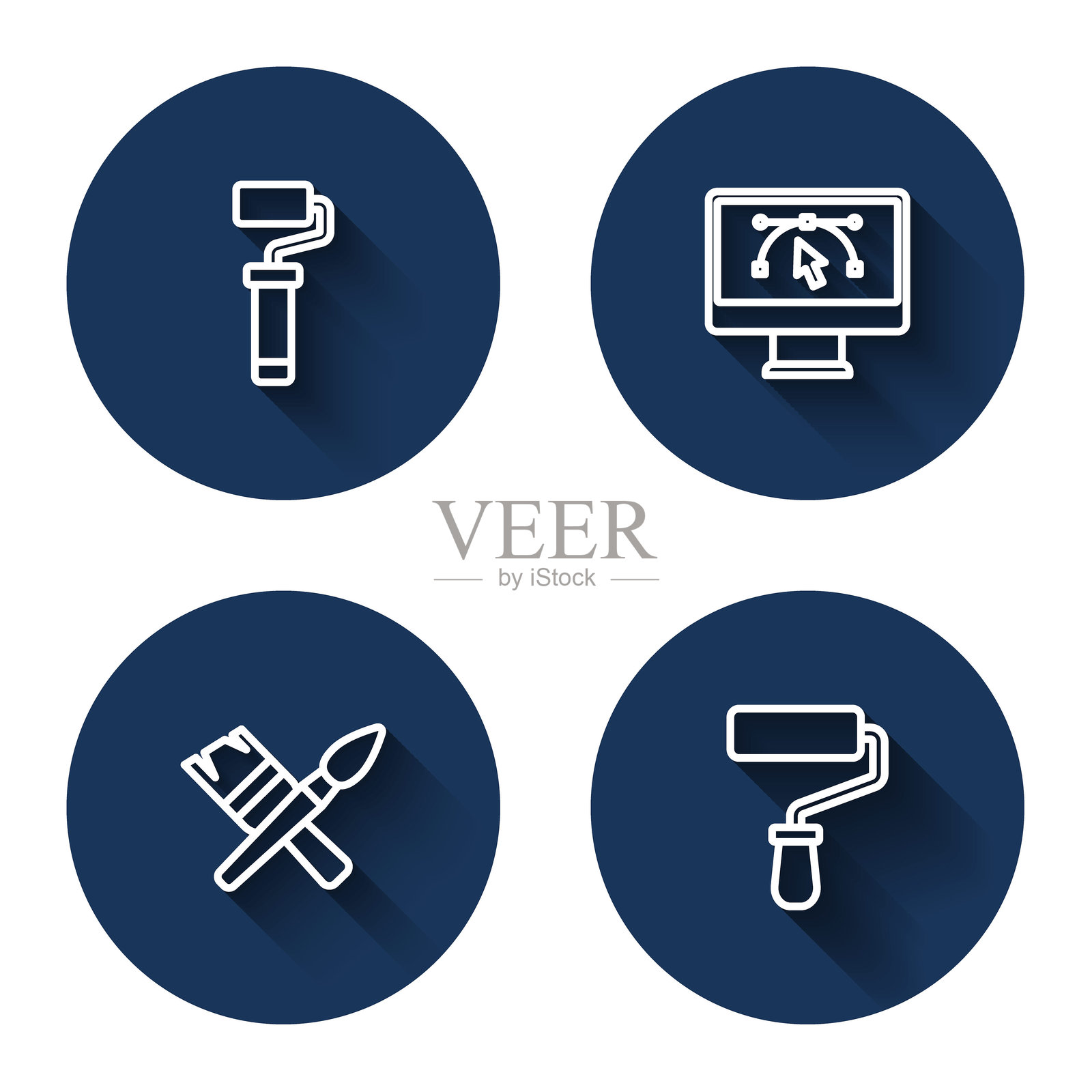 涂料滚筒刷、带设计程序的电脑，带有长阴影。蓝色圆形按钮。矢量图。插画图片素材