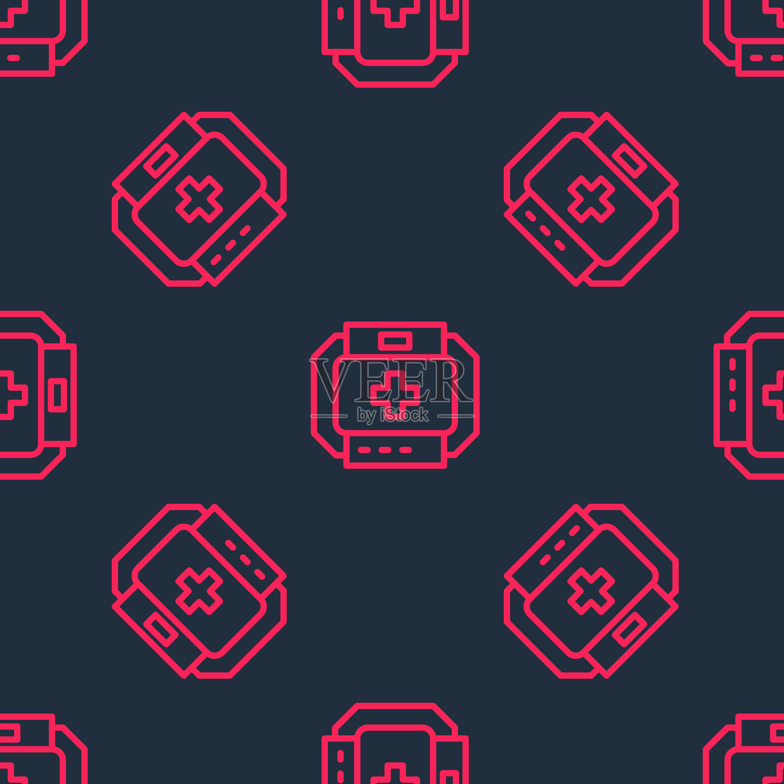 红色线条急救包图标，黑色背景上的无缝图案。带十字的医疗箱。紧急医疗设备。医疗保健概念。矢量图。插画图片素材