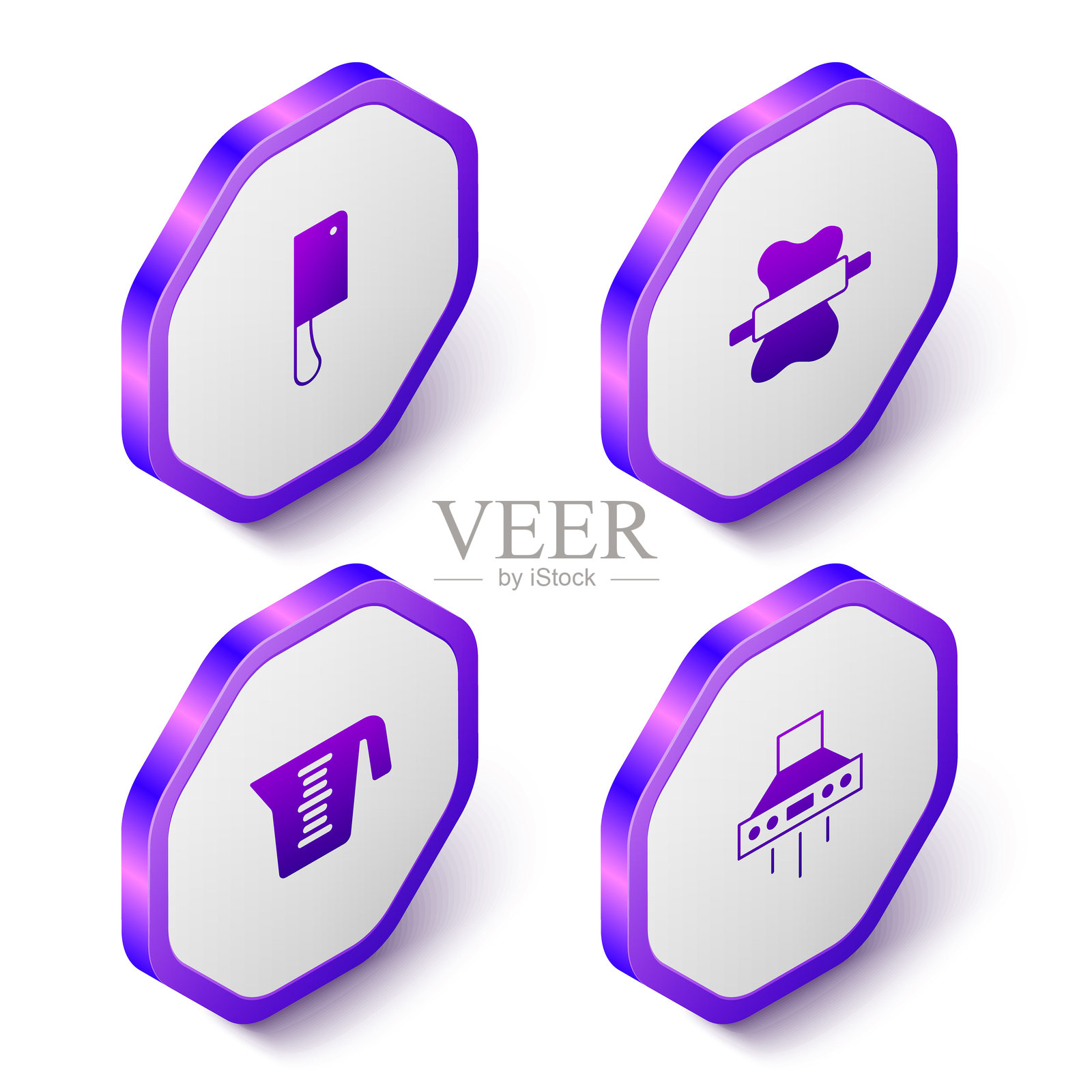 等距肉切割机、擀面杖在面团上、量杯和厨房抽油烟机图标。紫色六边形按钮。矢量图。插画图片素材