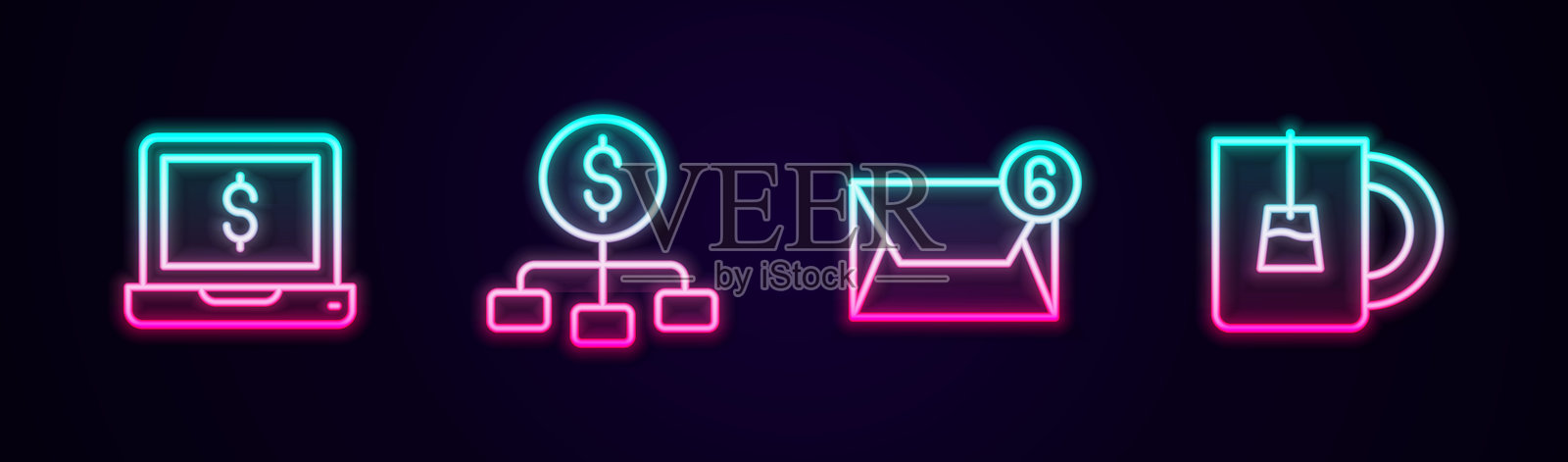 带有美元、层级、邮件和电子邮件以及茶杯的笔记本电脑图标。发光的霓虹图标。矢量图。插画图片素材