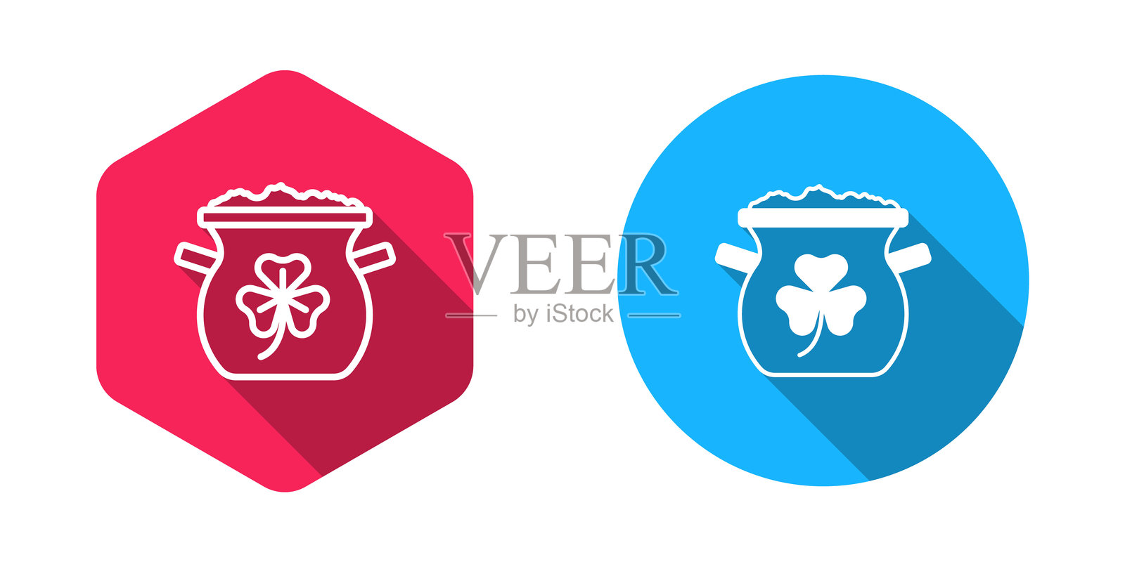 装满金币的金罐图标，带有长阴影背景。快乐的圣帕特里克节。国家爱尔兰节日。矢量图。插画图片素材