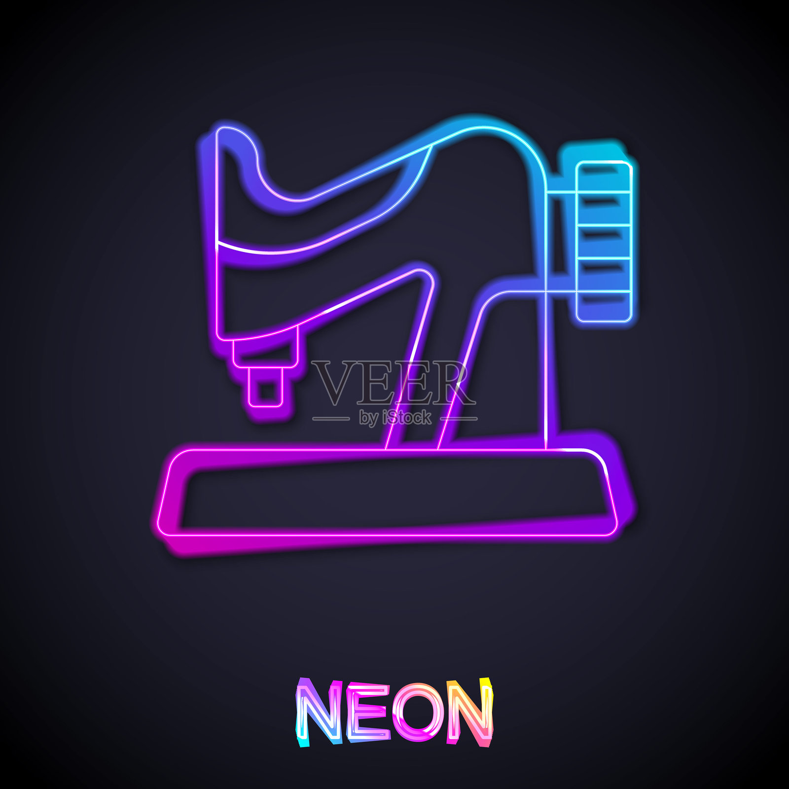 发光的霓虹线缝纫机图标，背景为黑色。矢量图。插画图片素材