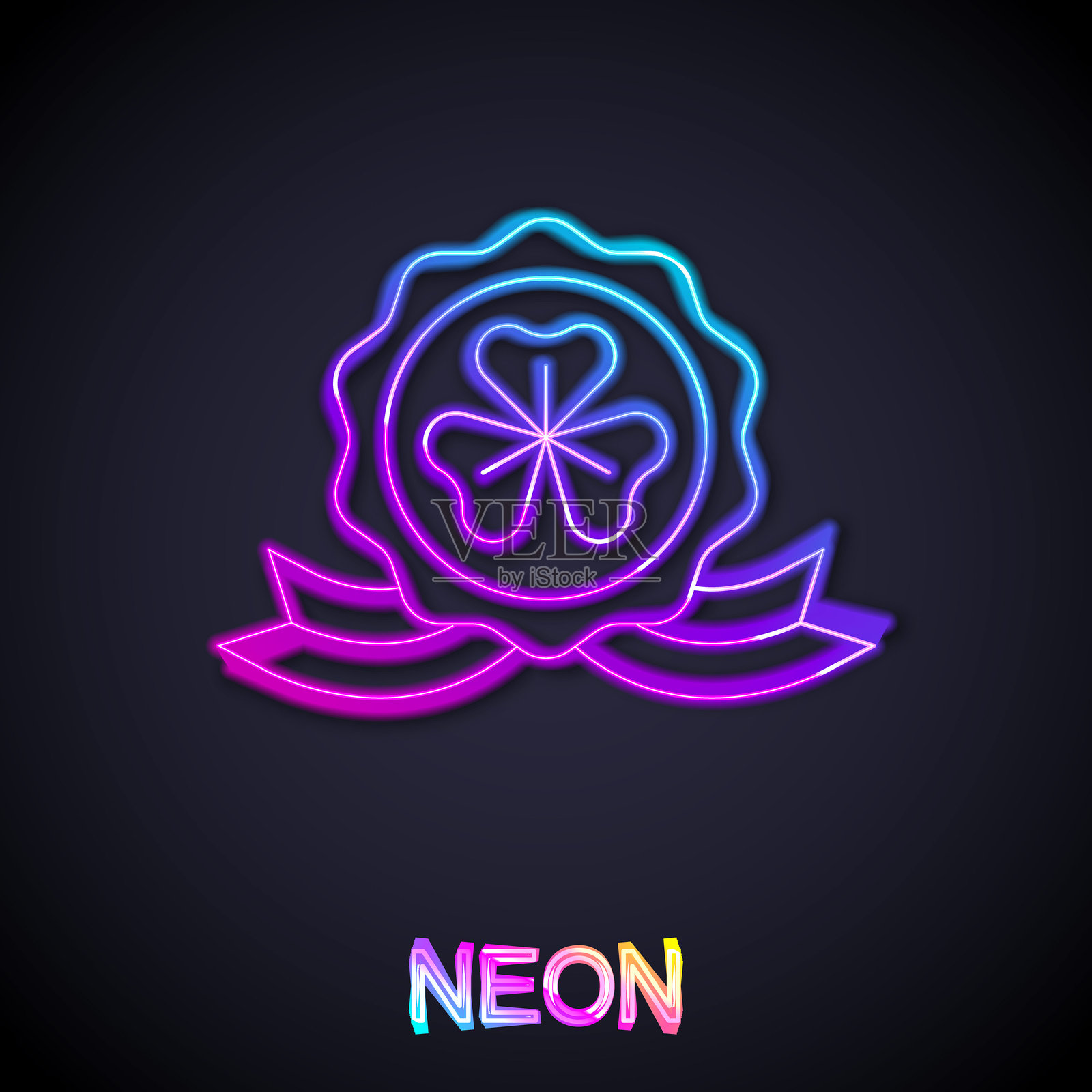 发光的霓虹线条四叶草奖牌图标，背景为黑色。快乐的圣帕特里克节。爱尔兰国家节日。矢量图。插画图片素材