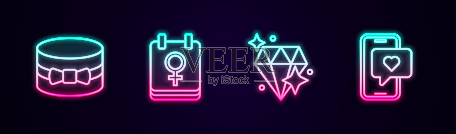 礼品盒和心形，3月8日的日历，钻石和手机。发光的霓虹图标。矢量图。插画图片素材