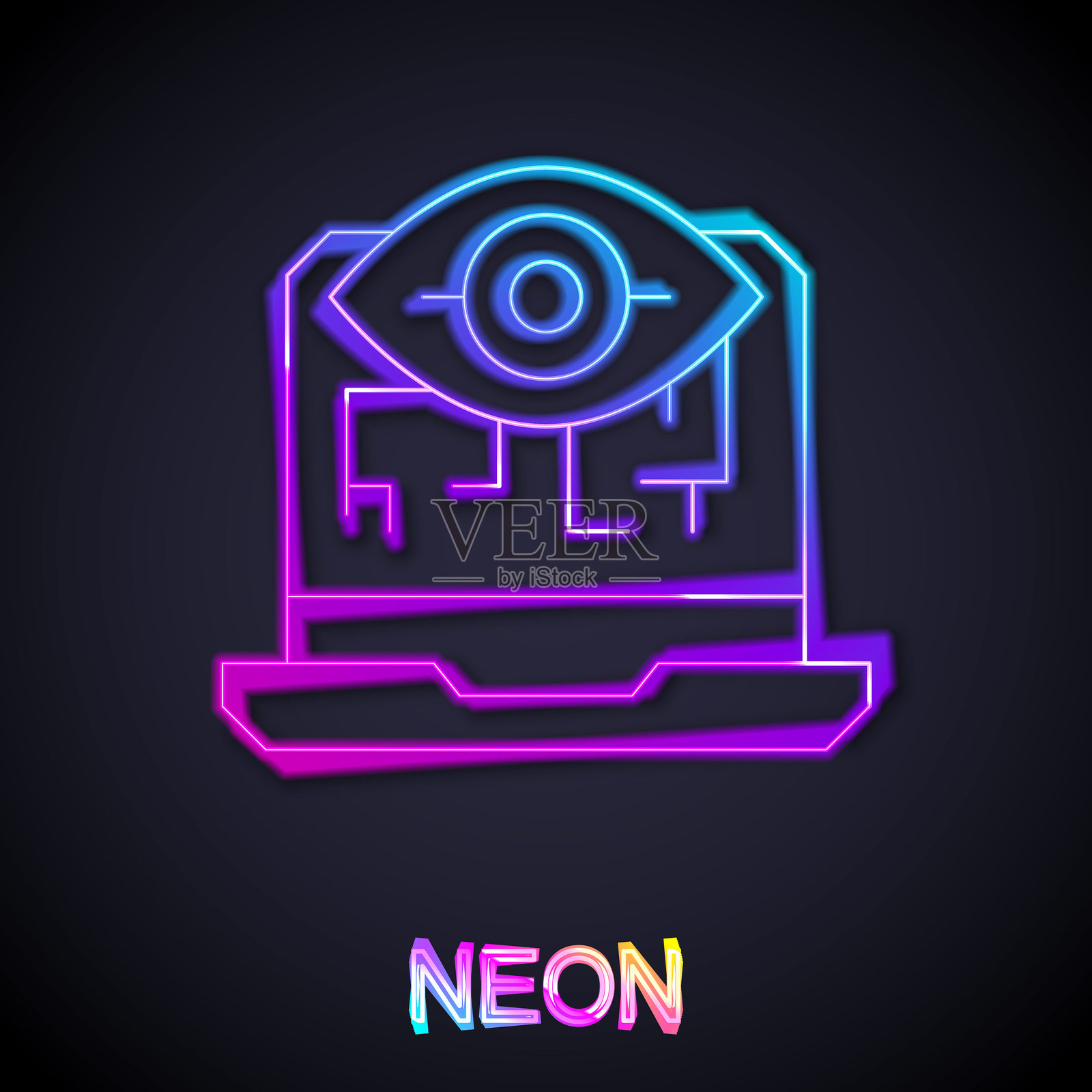 发光的霓虹线条计算机视觉图标，背景为黑色。技术视觉、眼睛电路、视频监控系统、增强现实系统。矢量图。插画图片素材