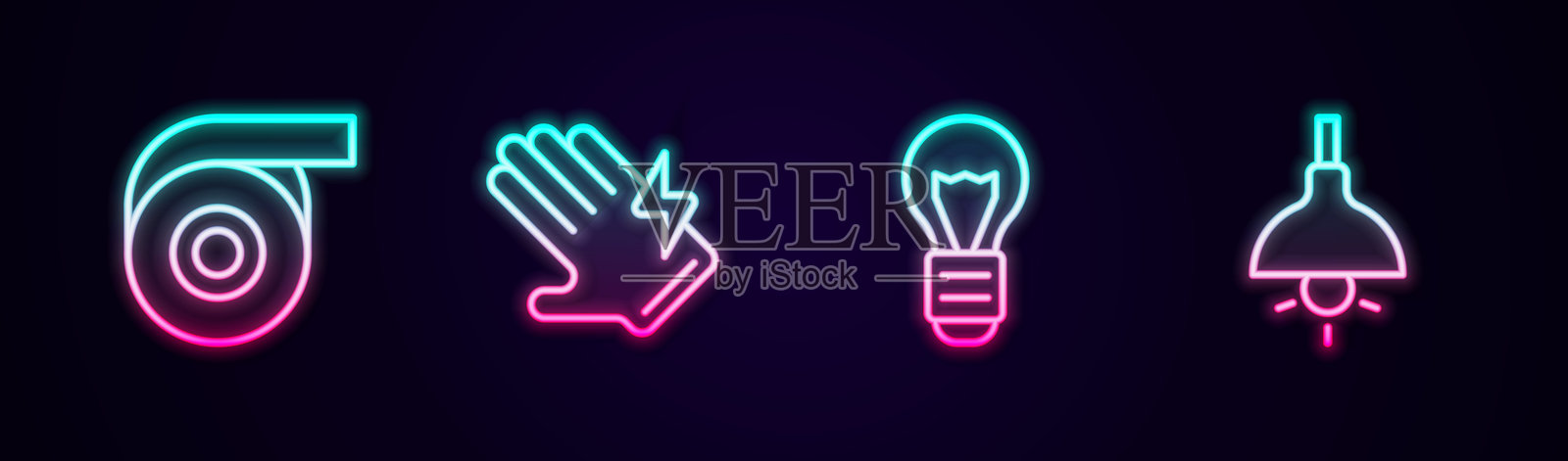 设置线卷胶带、电动手套、创意灯光想法和悬挂灯。发光霓虹图标。矢量图。插画图片素材