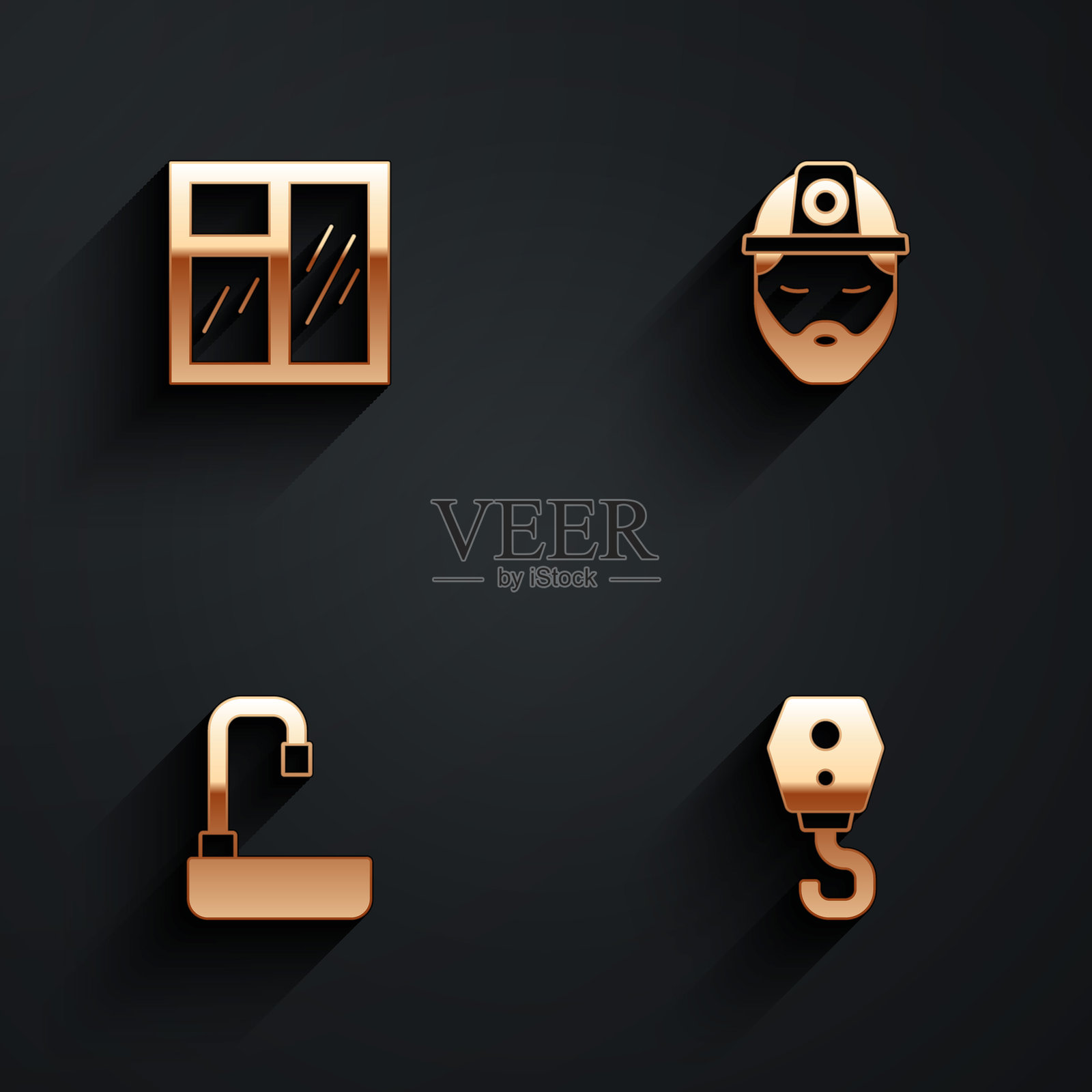 房间内的窗户、建筑工人、洗手盆和带长阴影的吊钩图标。矢量图。插画图片素材