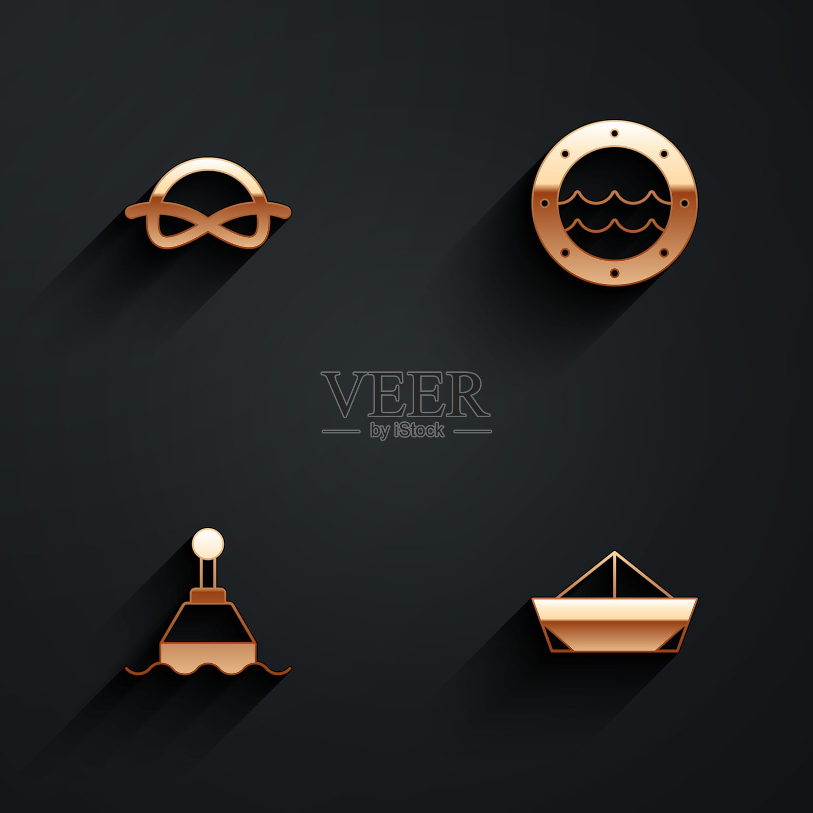 海洋绳结、船舷窗、漂浮的浮标和带长阴影的折纸船图标。矢量图。插画图片素材