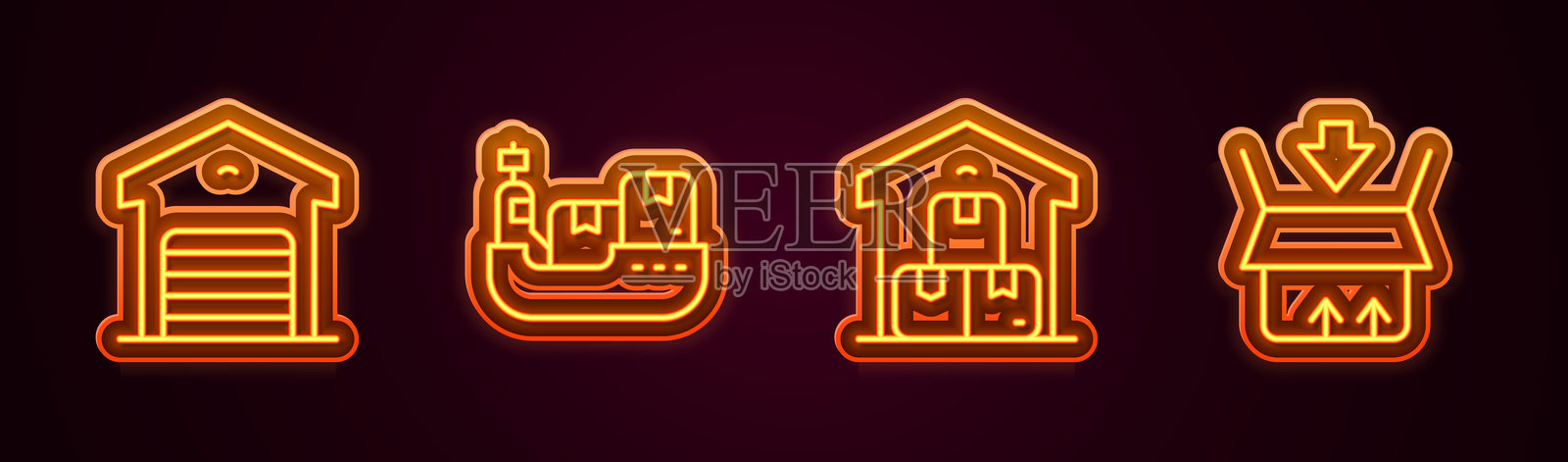 仓库设置，装有箱子的货船，满仓库和纸箱。发光的霓虹图标。矢量图。插画图片素材