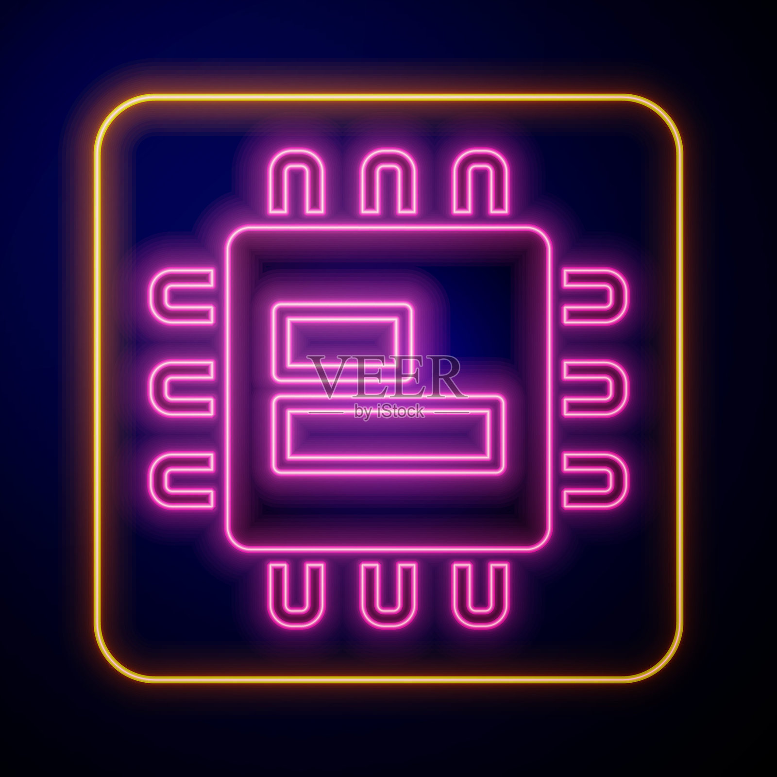 发光的霓虹计算机处理器，带有微电路的CPU图标，孤立在黑色背景上。芯片或CPU与电路板。微处理器。矢量图。插画图片素材