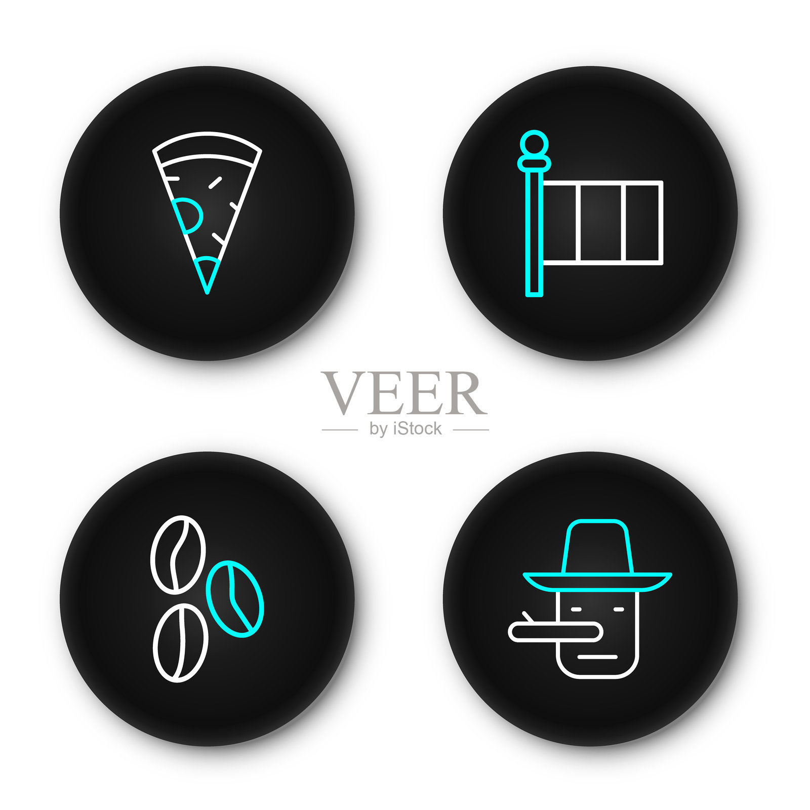 皮诺丘线条图，咖啡豆，意大利国旗和披萨切片图标。矢量图。插画图片素材