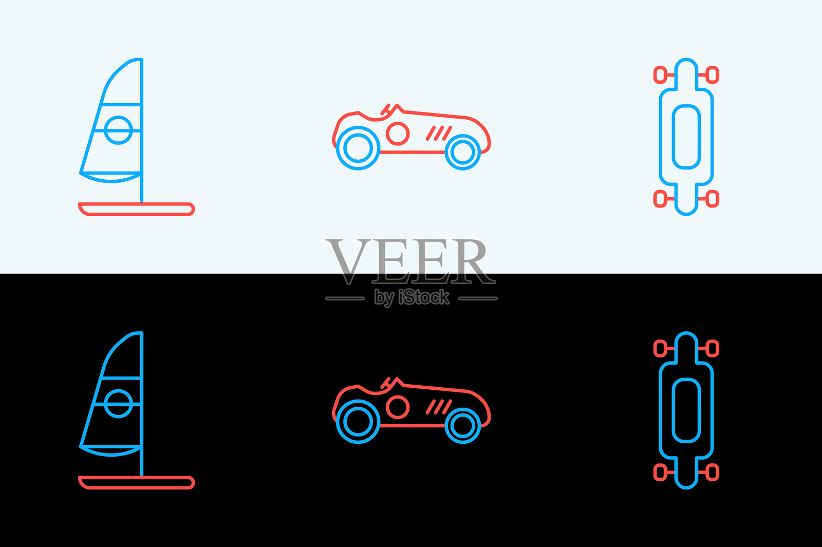 长板或滑板、风帆冲浪和复古赛车图标。矢量图。插画图片素材