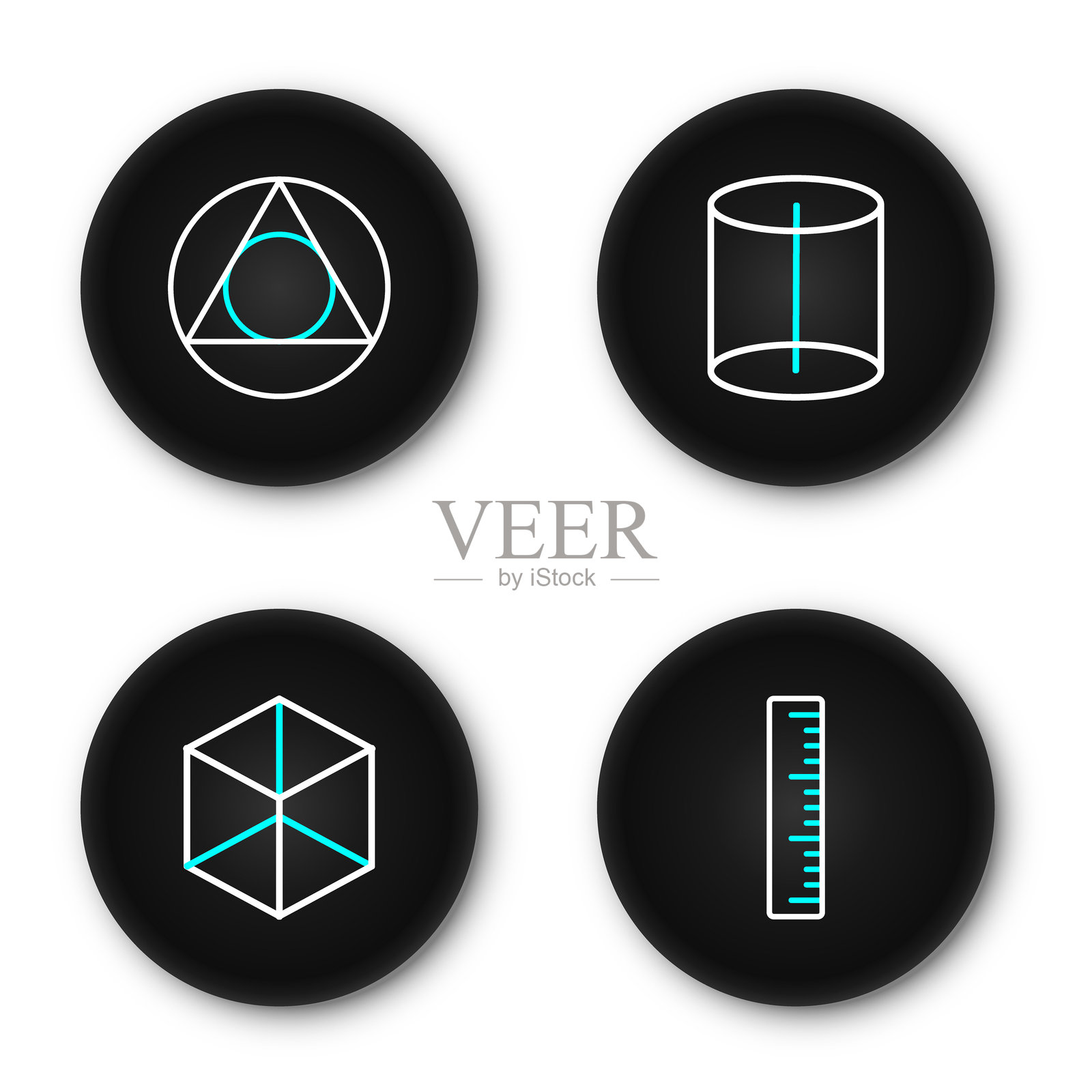 设置直尺，几何图形立方体和三角形数学图标。矢量图。插画图片素材