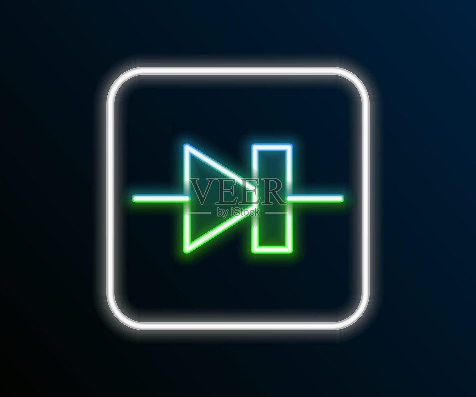 发光的霓虹线二极管在电子电路图标上，背景为黑色。彩色轮廓概念。矢量图。插画图片素材