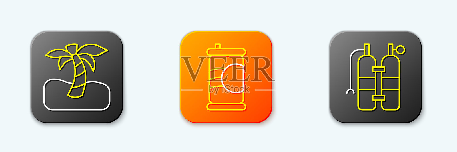 热带棕榈树、苏打罐和水肺图标。矢量图。插画图片素材