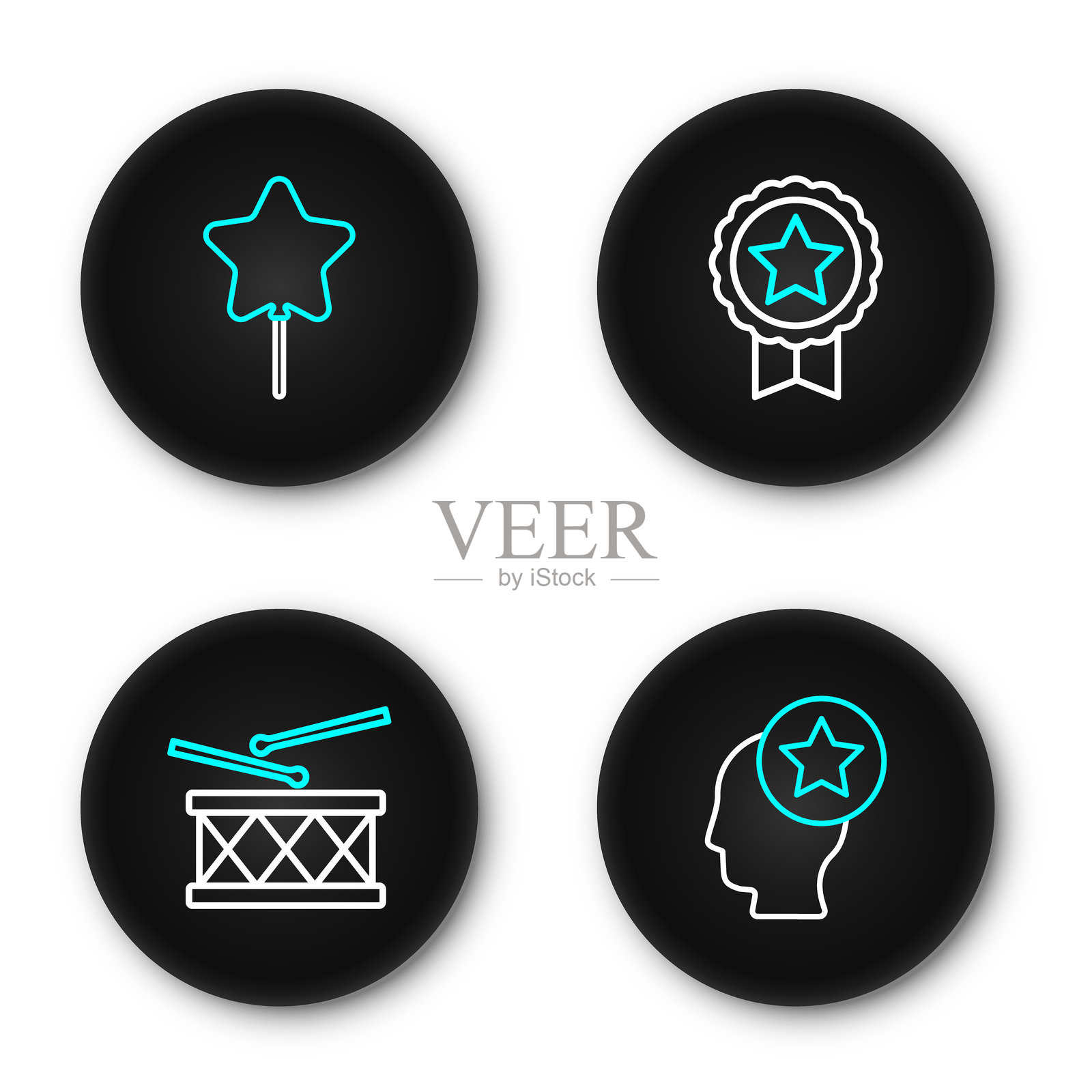 美国头部轮廓，鼓和鼓棒，带星星的奖牌和气球图标。矢量图。插画图片素材