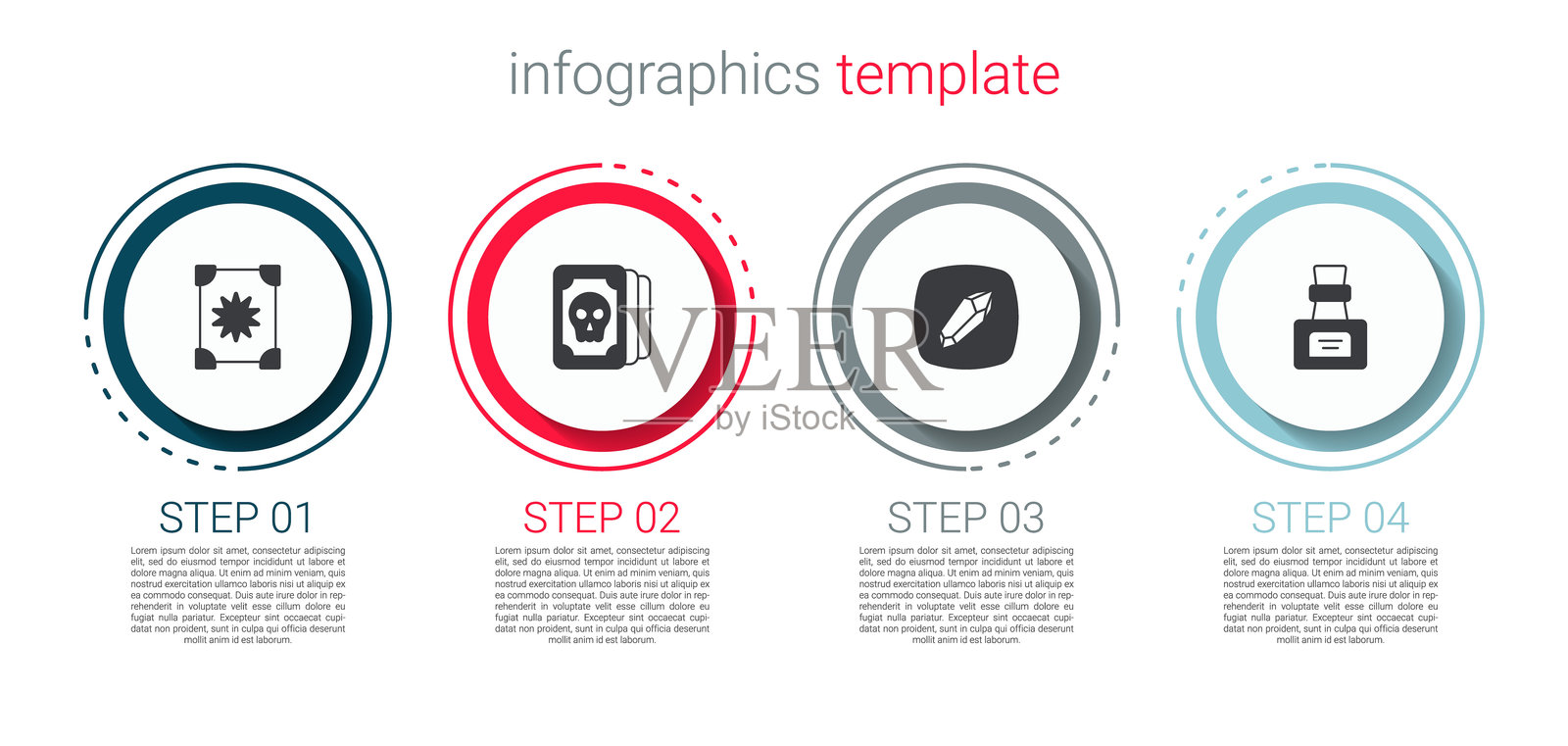 古老魔法书、塔罗牌、魔法石和装有药水的瓶子。商业信息图表模板。矢量图。插画图片素材