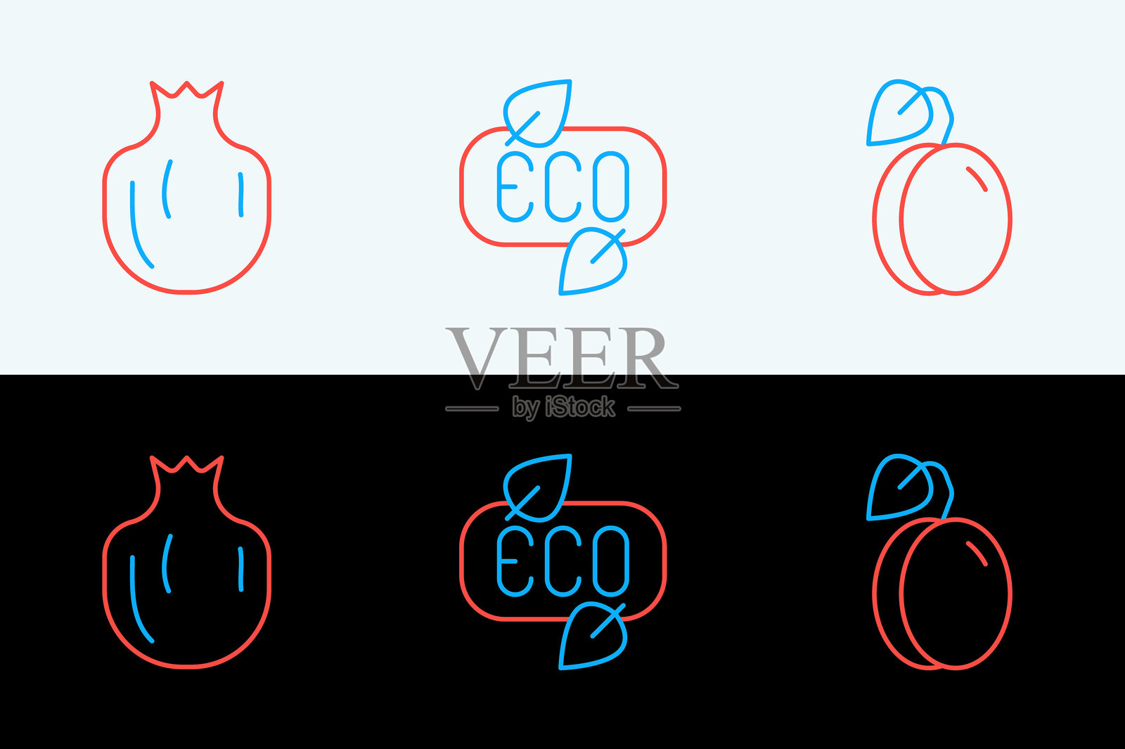 梅子、水果、石榴和叶子生态符号图标。矢量图。插画图片素材