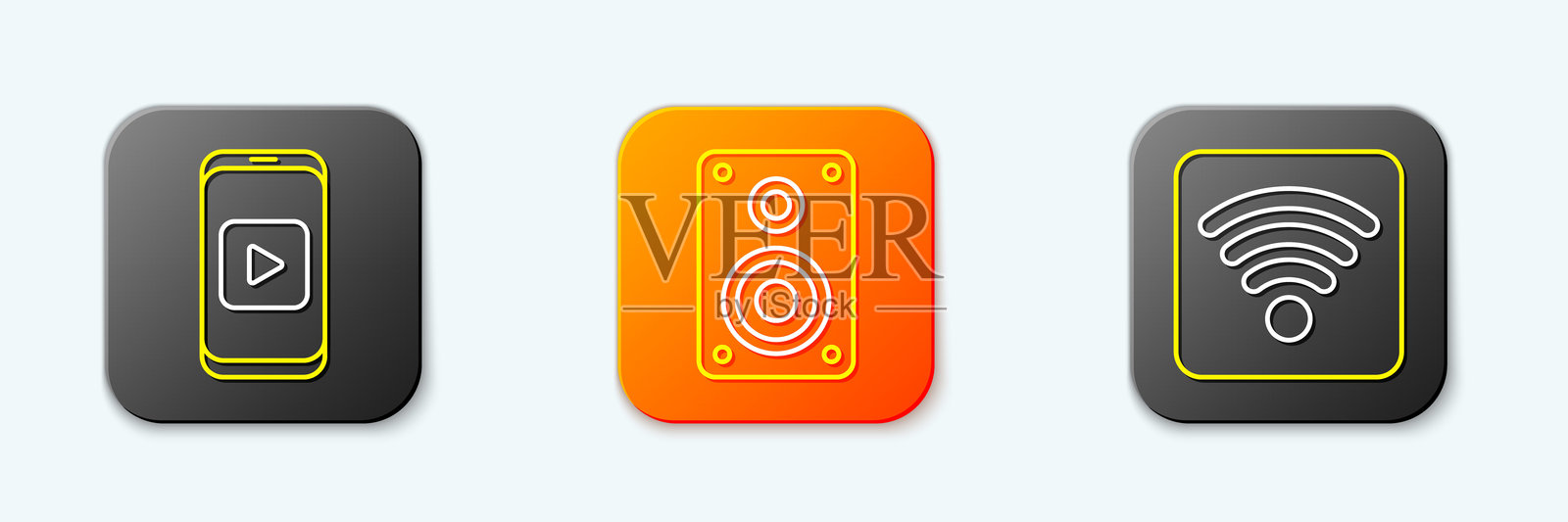 设置线上的视频播放、立体声扬声器和Wi-Fi无线网络图标。矢量图。插画图片素材