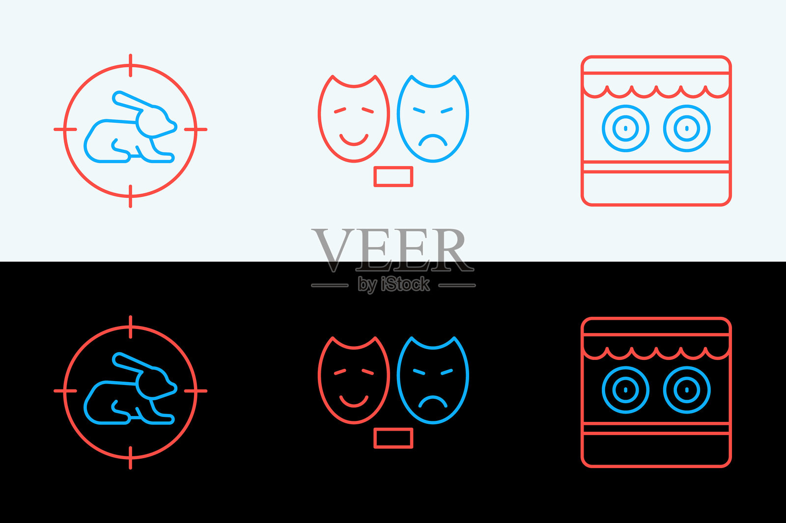 射击场，十字准线狩猎兔子，喜剧与悲剧面具图标。矢量图。插画图片素材