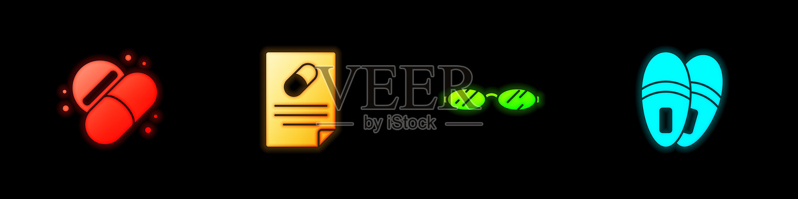 药丸或药片、医疗处方、眼镜和拖鞋图标。矢量图。插画图片素材