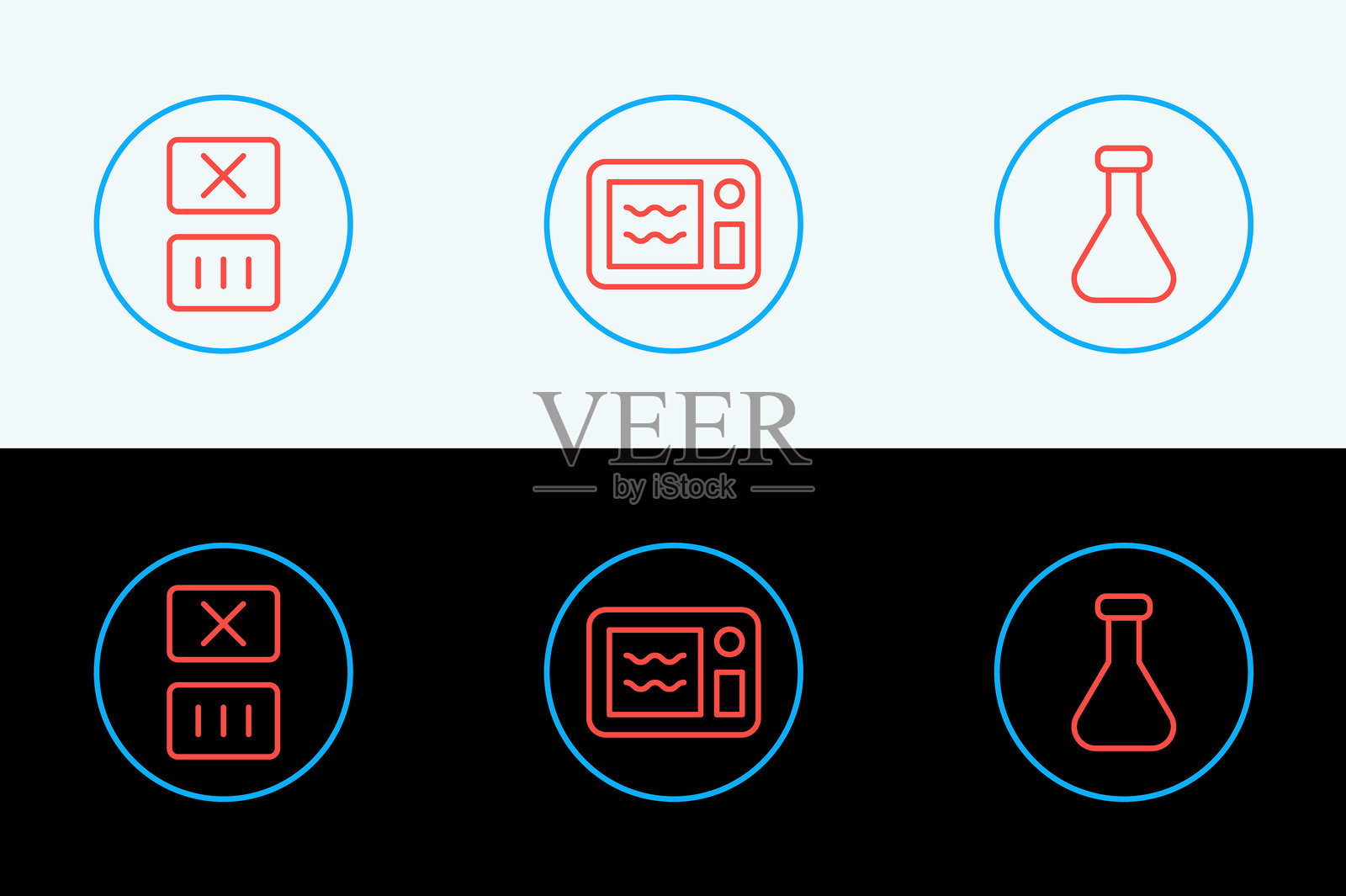 试管和烧瓶，温度洗涤和微波炉图标。矢量图。插画图片素材