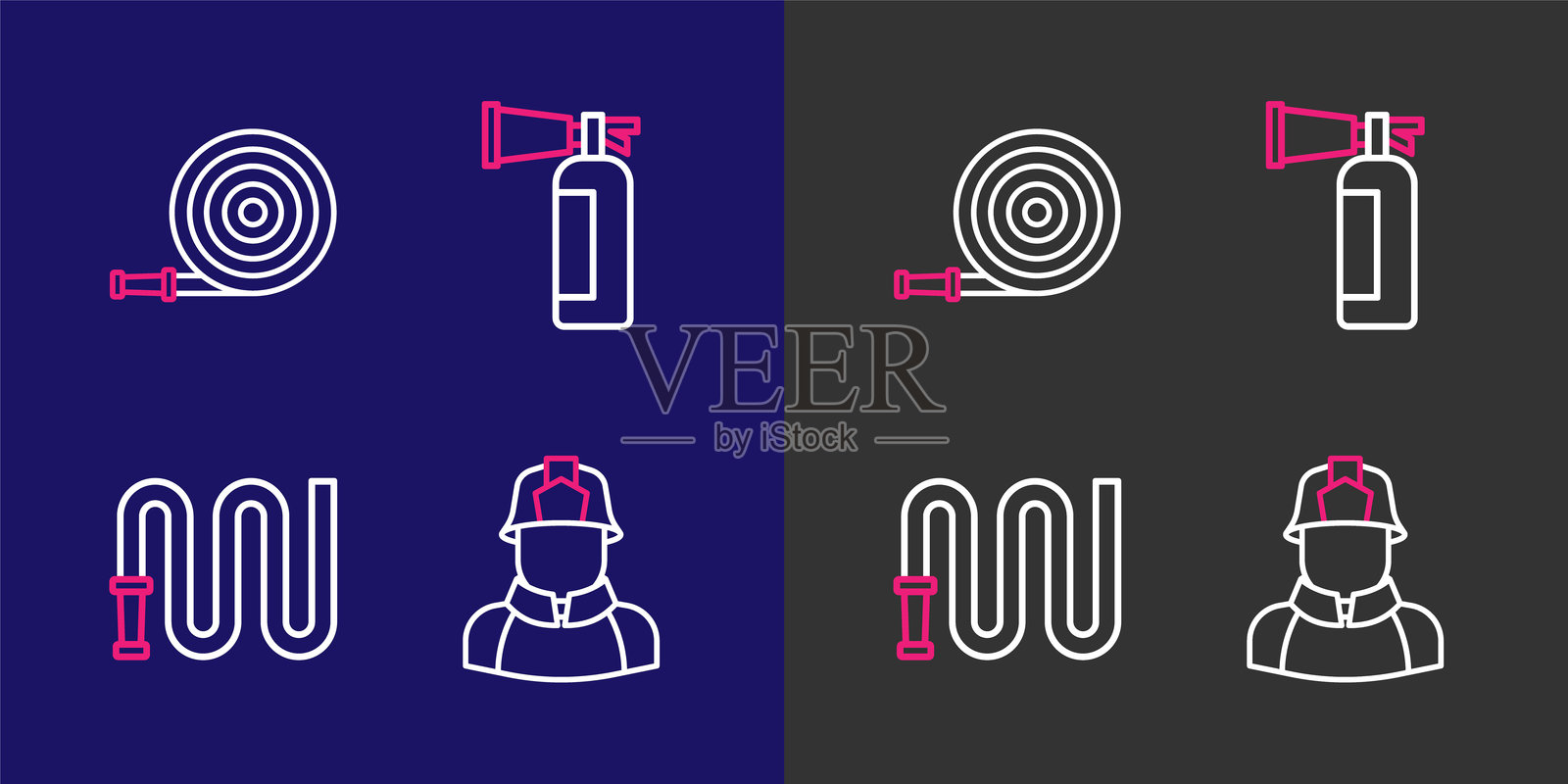 消防员、软管卷盘、灭火器和图标。矢量图。插画图片素材