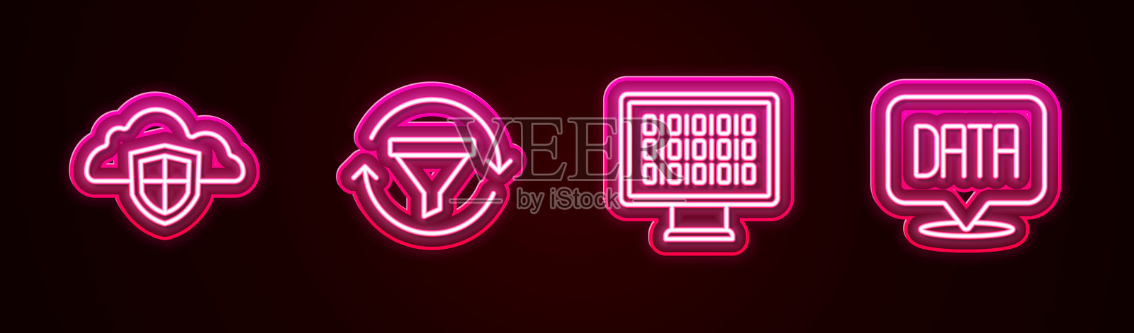 云和盾牌的线条，带有图表的销售漏斗，二进制代码和数据分析。发光的霓虹图标。矢量图。插画图片素材