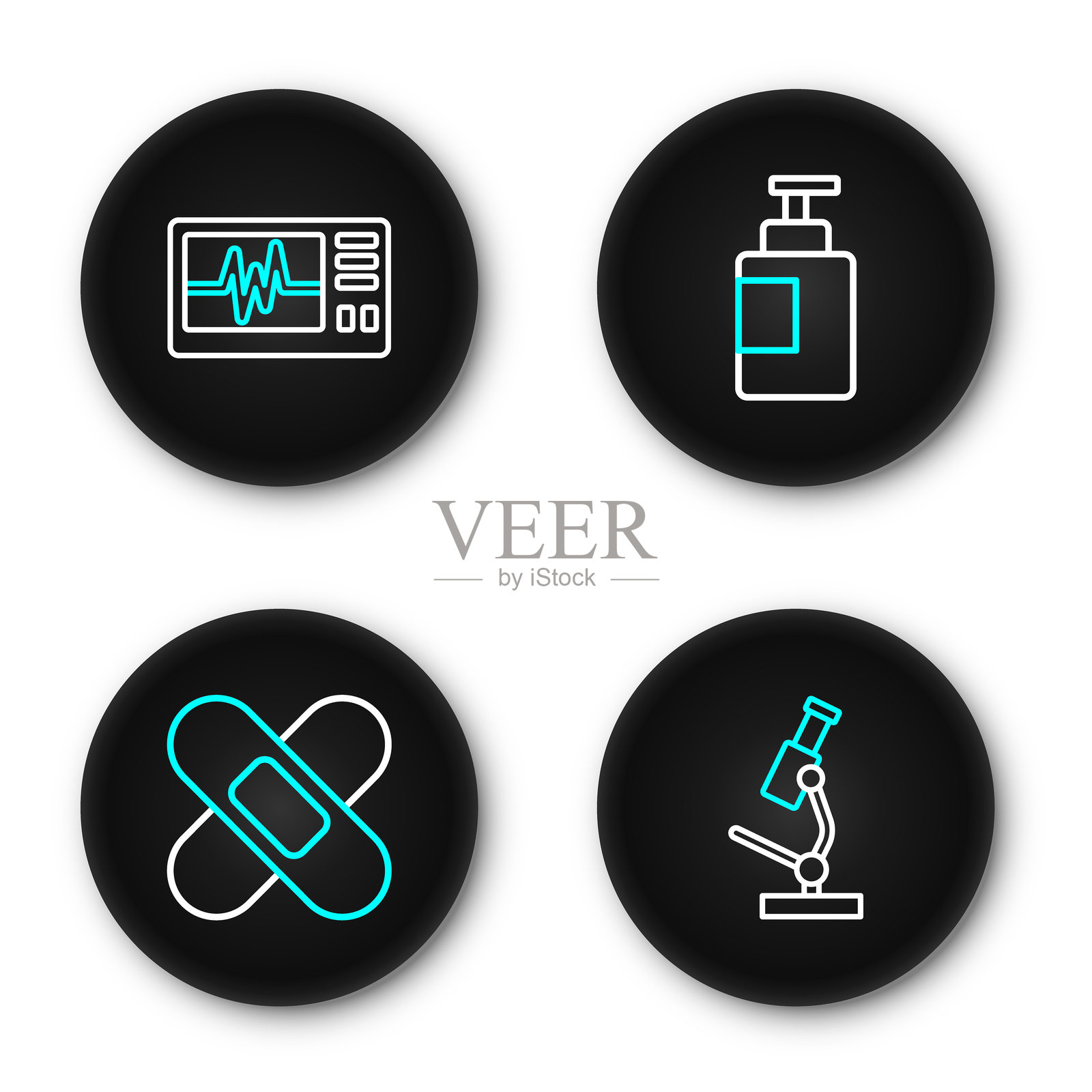 显微镜、交叉绷带胶带、洗手液瓶和带心电图图标的显示器。矢量图。插画图片素材