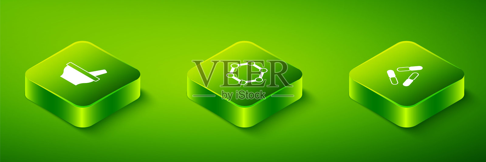 等距分子、病毒和研钵研杵图标。矢量图。插画图片素材