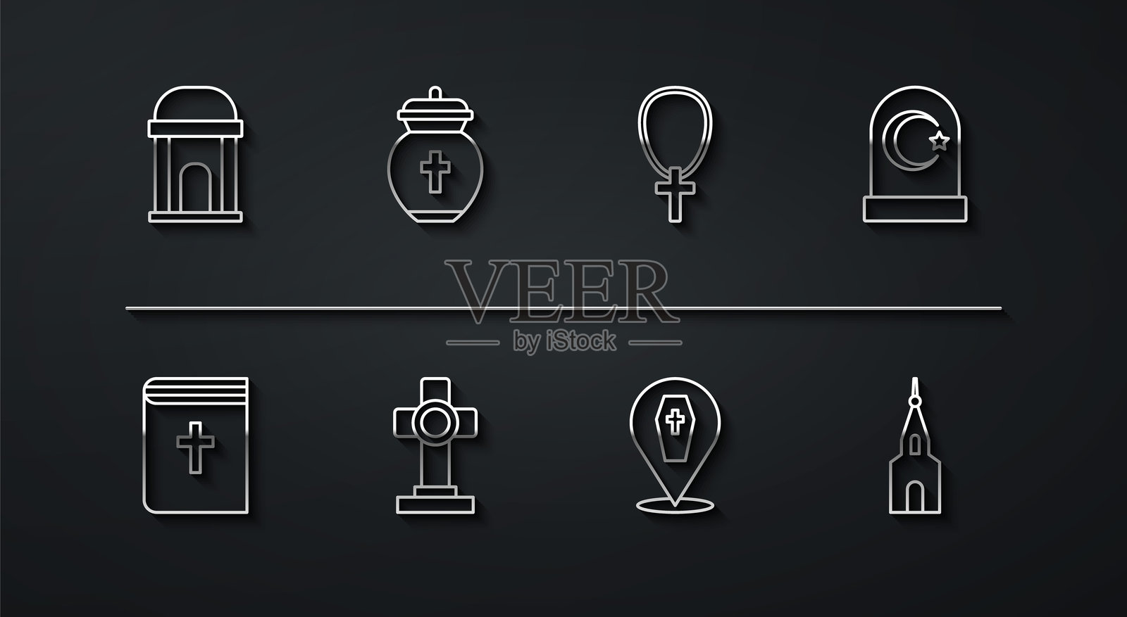 旧墓穴，圣经书籍，穆斯林墓地，带十字架的棺材，墓碑，葬礼骨灰盒，教堂建筑和基督教链条图标。矢量图。插画图片素材